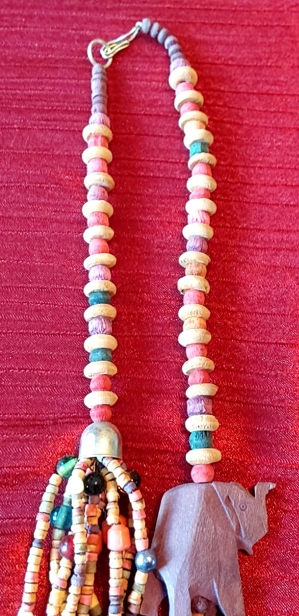 Vintage 70’s/80’s African Safari Wooden Beaded Multi Strand Necklace 33” Animals