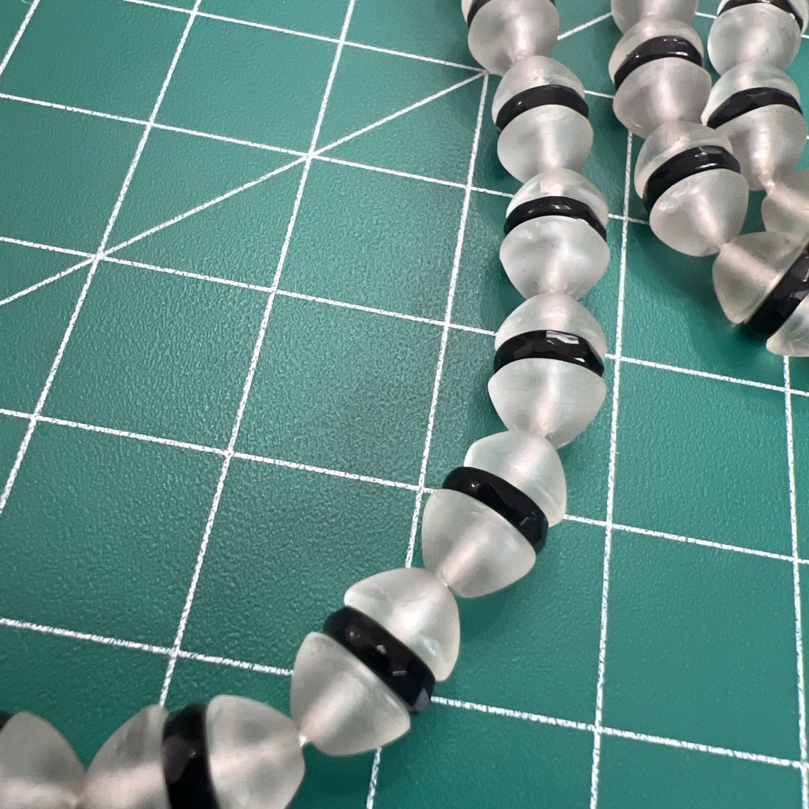 Art Deco Czech Frosted Opaque Glass & Jet Black Rondelle Bead Necklace 40”