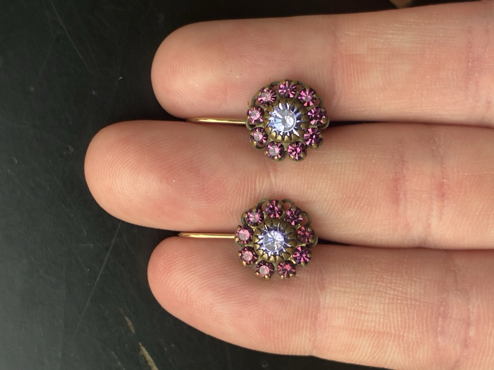 Liz Palacios Swarovski Crystal Leverback Earrings Purple Floral Vintage Style