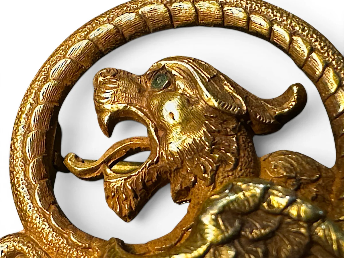 Antique English 14K Yellow Gold Chimera Motif Brooch With Emerald Eye