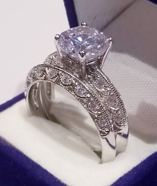 Luxury Art Deco Style 3Ctw Round Cut Created Diamond Silver Wedding Ring Set 2pc