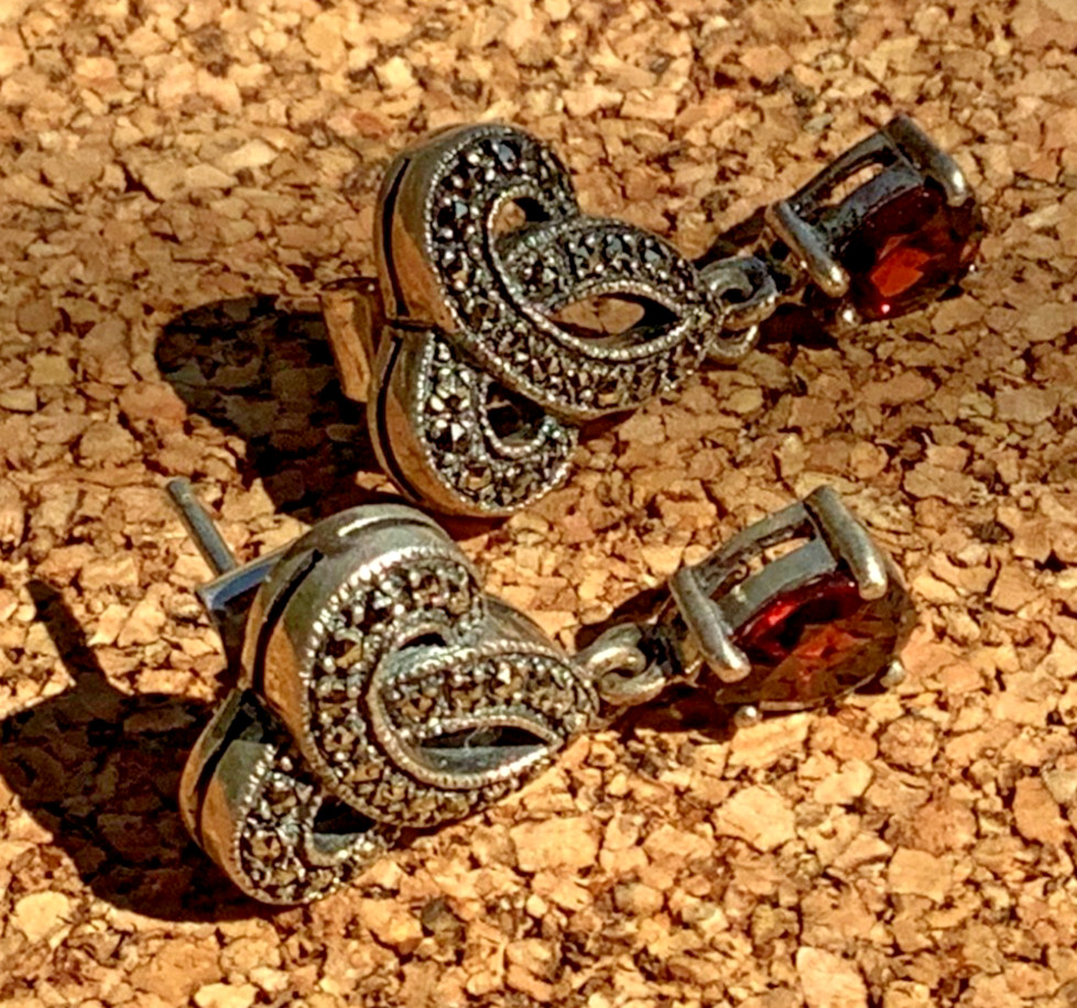 Designer Sterling Silver Marcasite & Garnet Dangle Drop Earrings Signed ACI