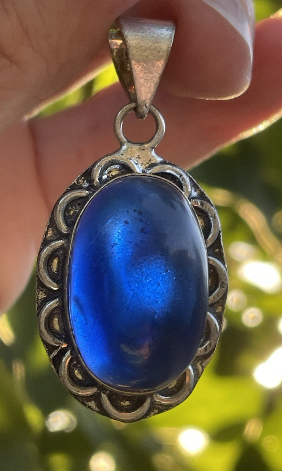 Sterling Silver 925 Cobalt Blue Glass? Cabochon Oval Pendant Vintage Style Boho