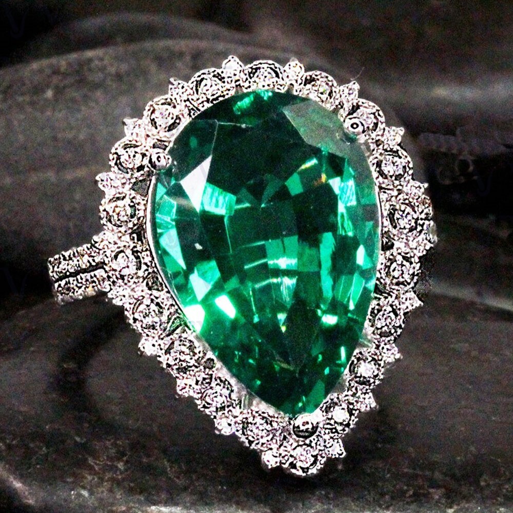 7.80Crt Pear Cut Natural Emerald and Diamond Wedding Ring 18K White Gold Plated