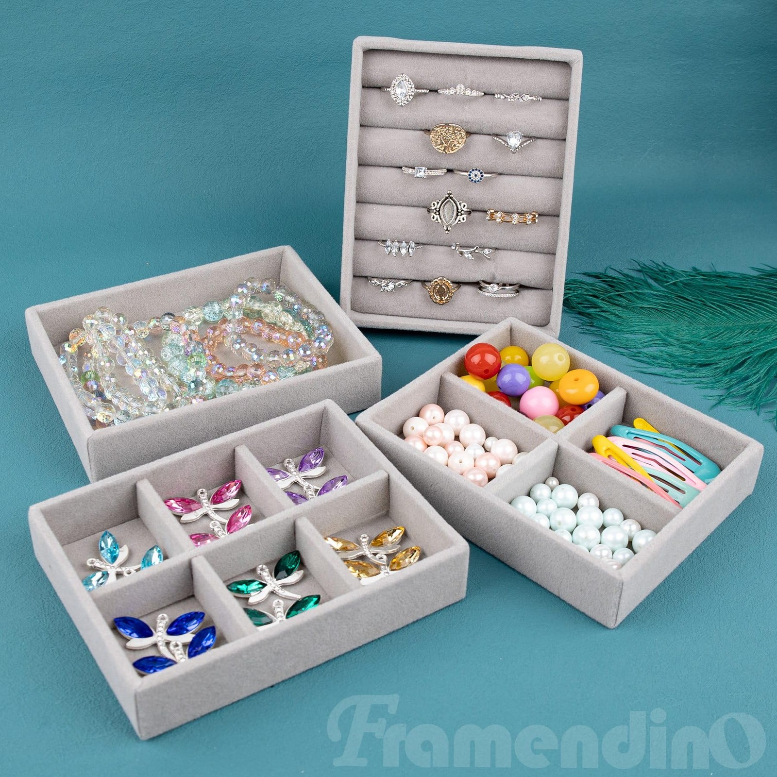 Framendino, 4 Pack Jewelry Tray Ring Display Case Stackable Organizer Trays D…