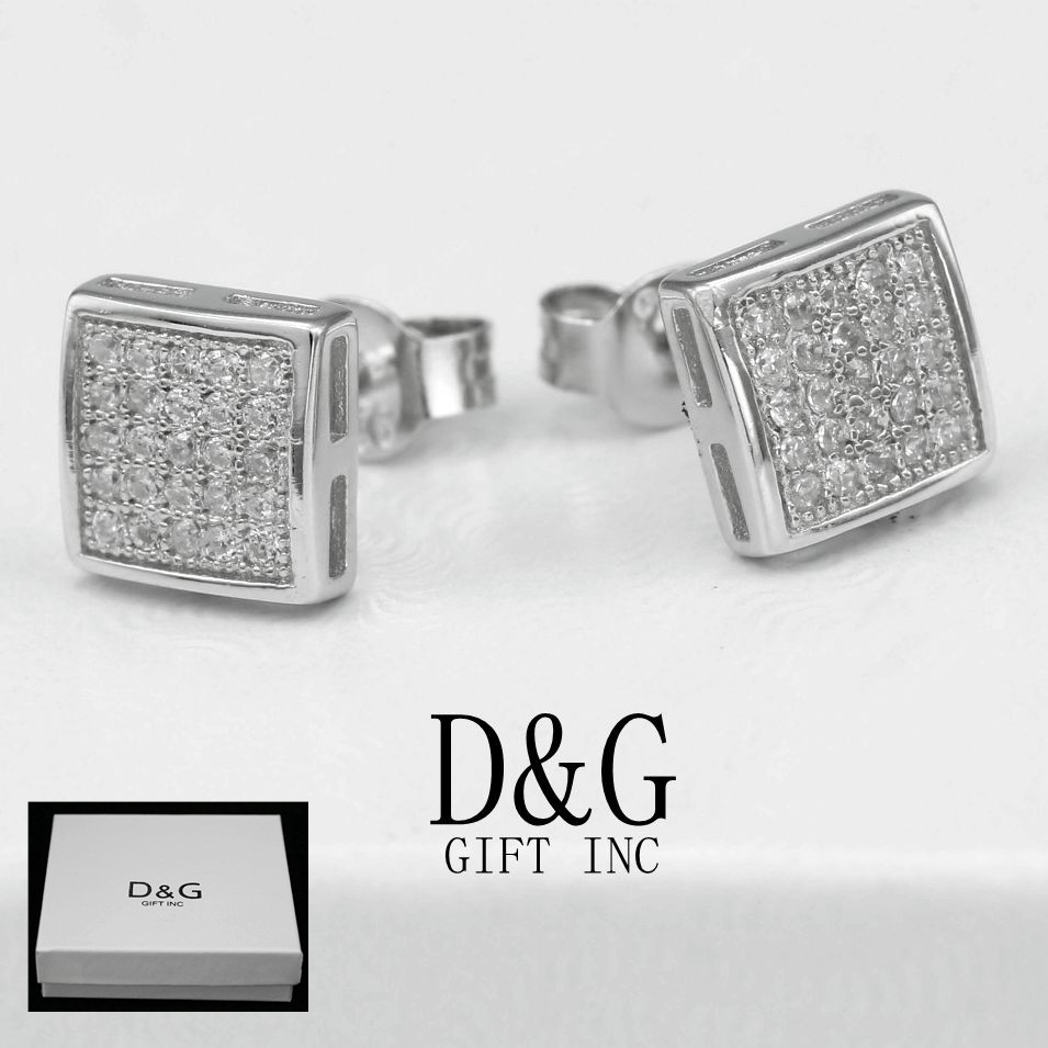 DG Men’s CZ Sterling Silver 8mm Square Push Back Studs Earring + Box