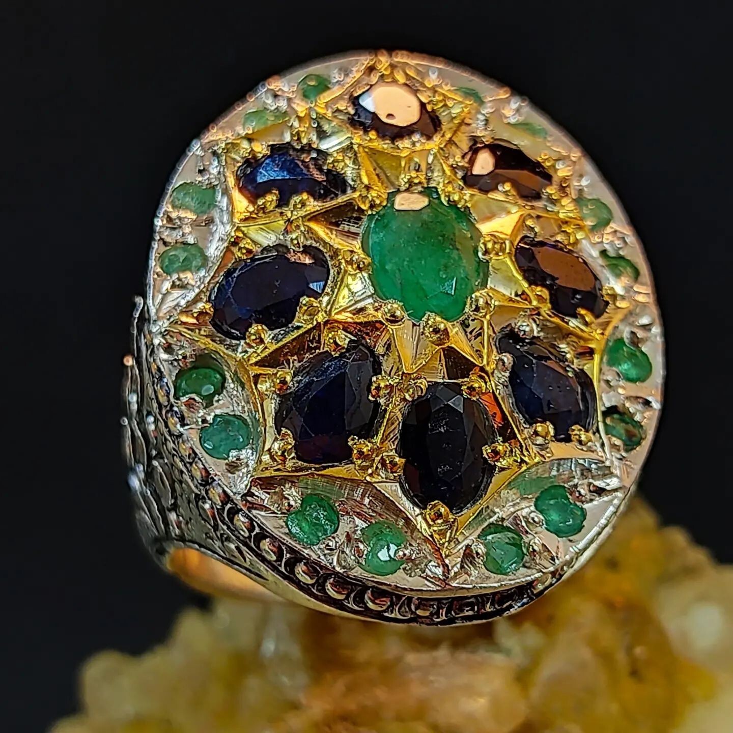 Natural Emerald Stones with Sapphire Stones Ring Multi Stones Handmade Ring