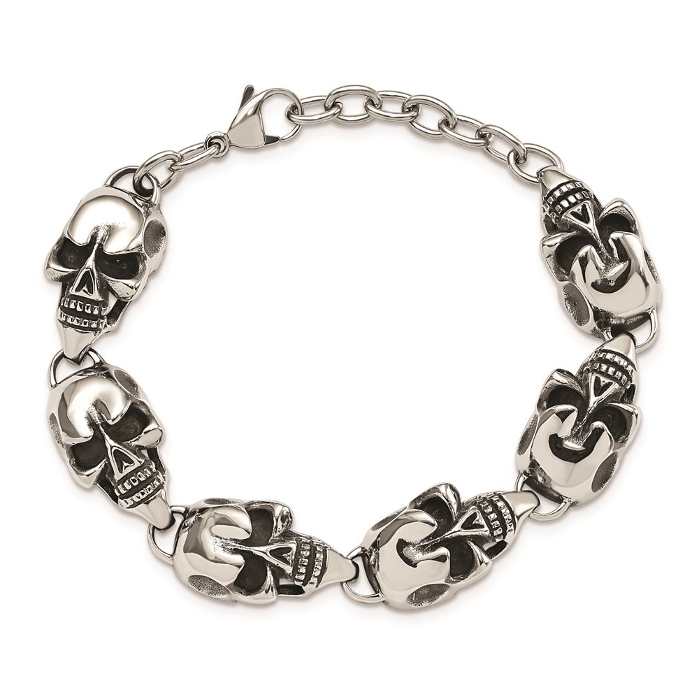Stainless Steel Antiqued Skulls 8.5in Bracelet