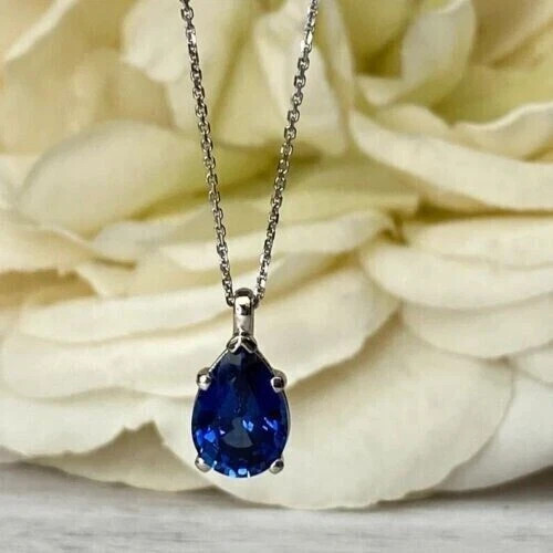 2.00Ct Pear Cut Lab Created Sapphire Solitaire Pendant 14K White Gold Plated