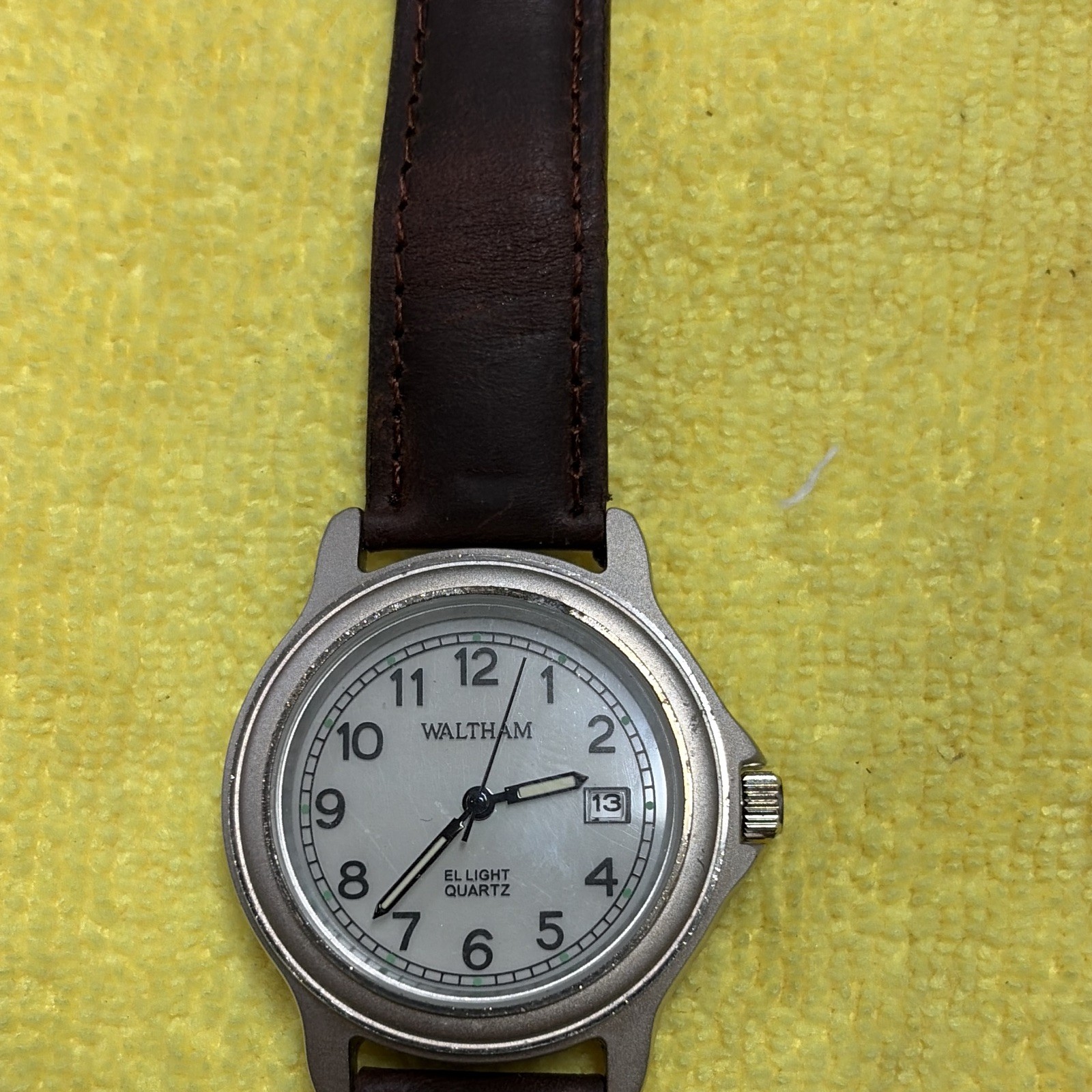 Waltham EL Light Quartz Analog Date Lume White Dial Brown Leather Strap