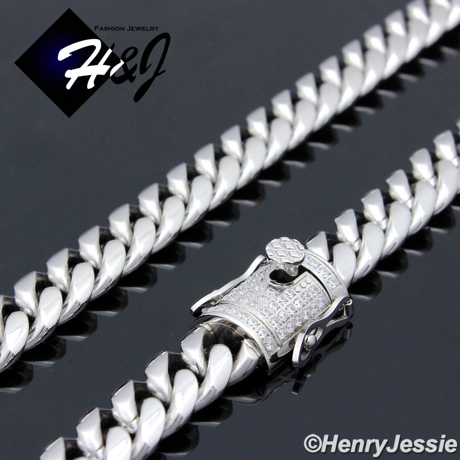 18″-40″MEN Stainless Steel 10mm Silver ICY CZ Miami Cuban Curb Necklace*N158