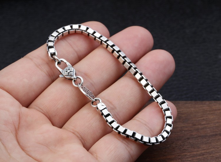 Men’s 925 Sterling Silver Venetian Box Chain Bracelet 4mm Square Link 7.87in
