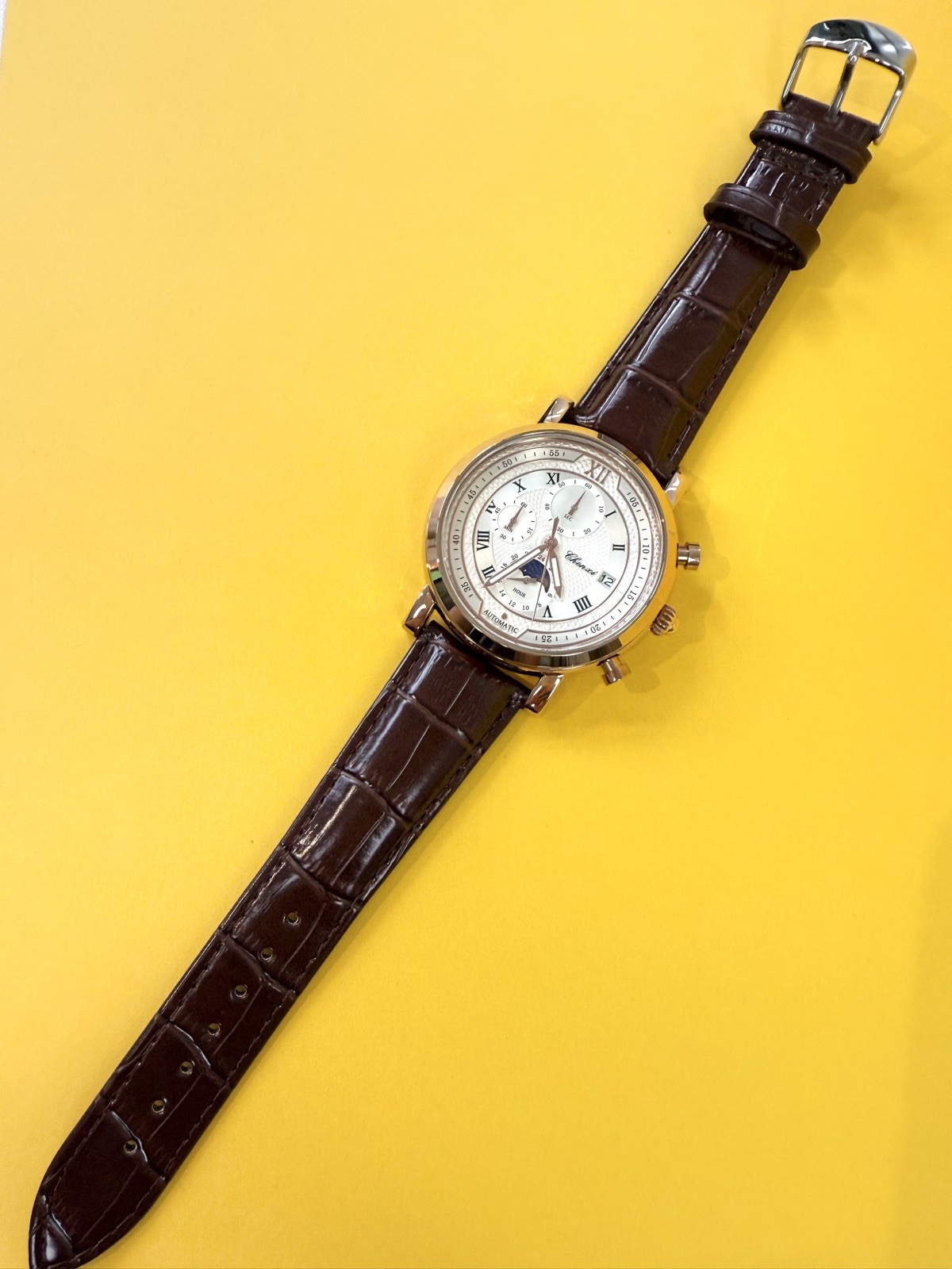 Mens Watch Chenxi Vintage Style Chronograph Moon Phase Cream Face Leather