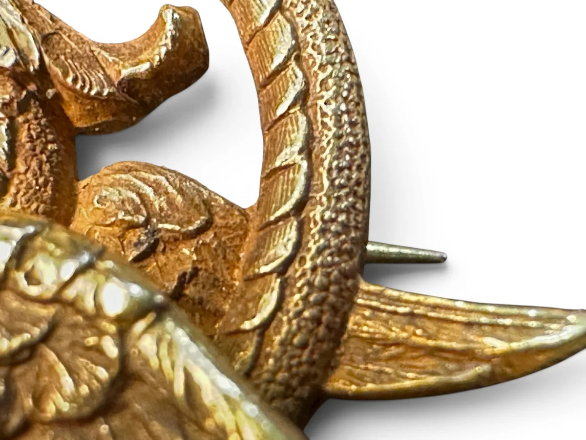 Antique English 14K Yellow Gold Chimera Motif Brooch With Emerald Eye