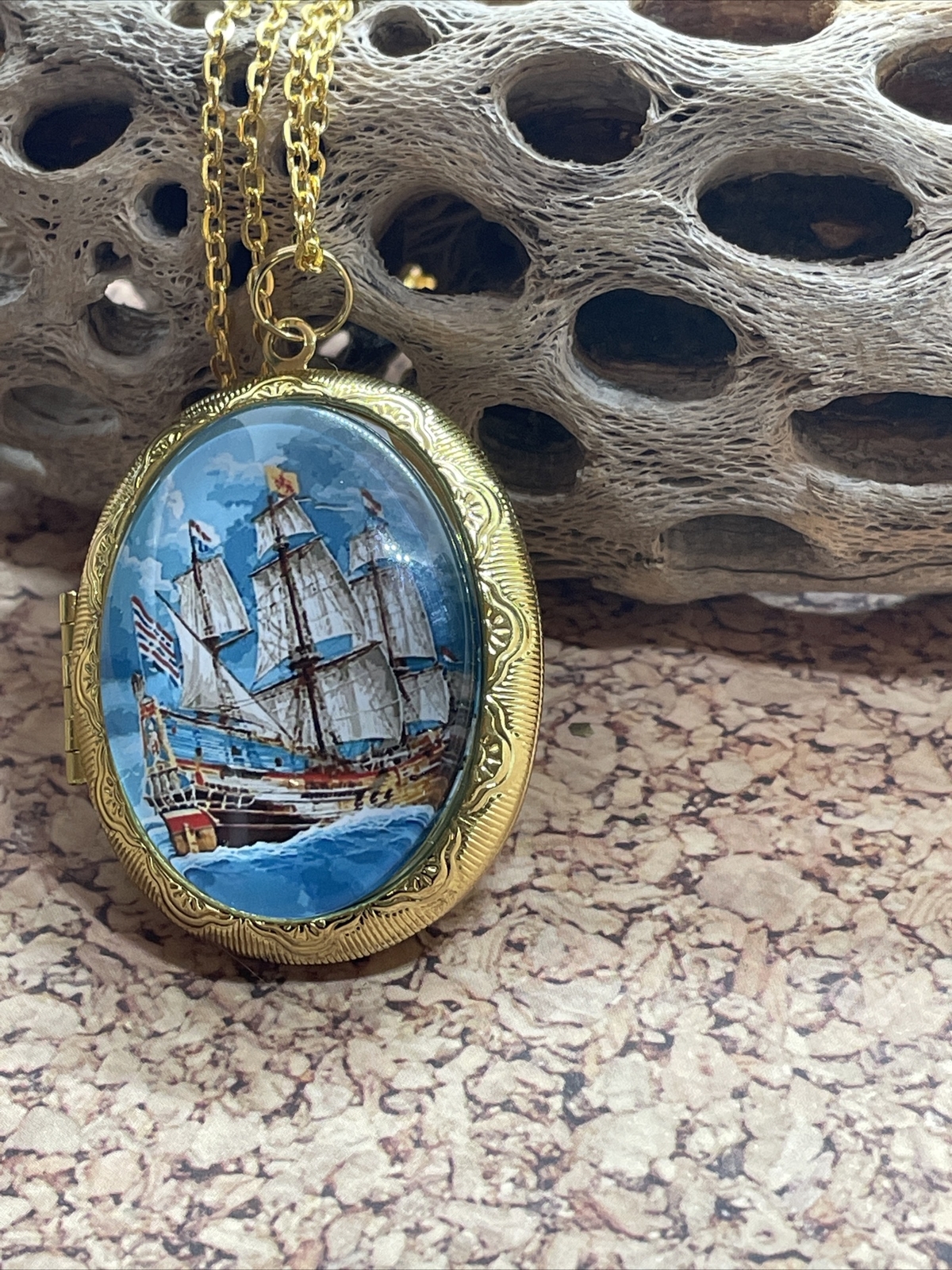 Gold Photo Nautical Beach Pirate Ship Sailor Wedding Keepsake Locket Necklace