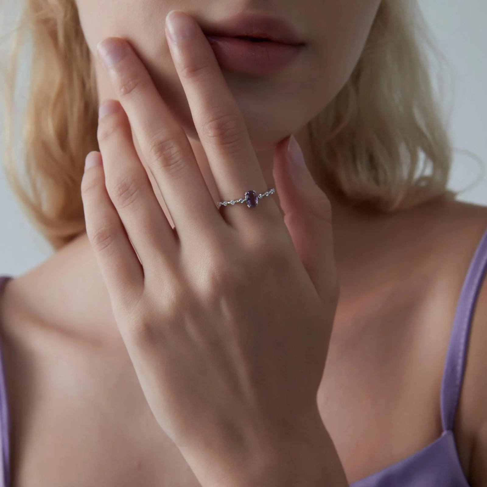 Oval Cut Natural Amethyst Stacking Ring in 925 Sterling Silver