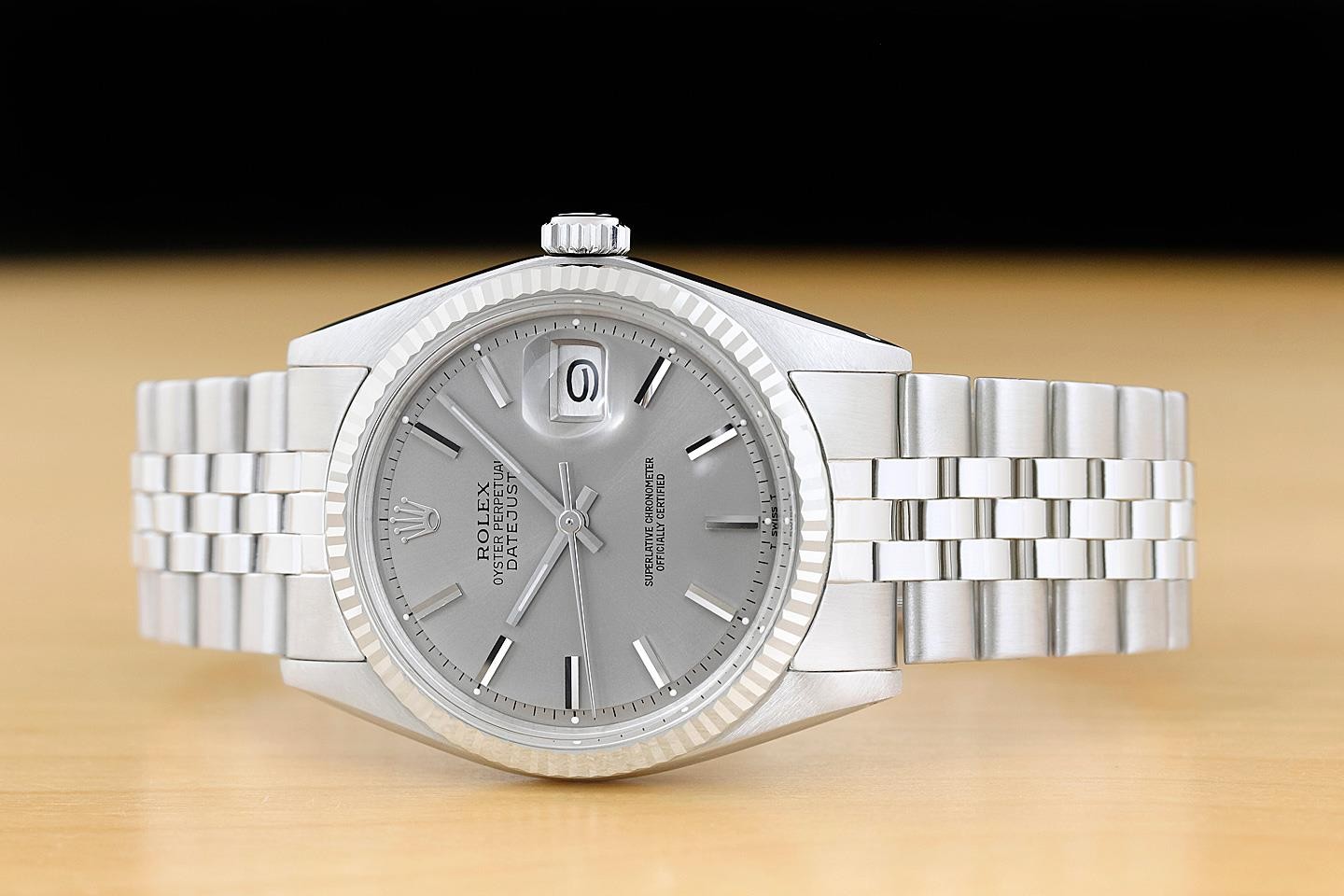 ROLEX DATEJUST 1601 GRAY DIAL 18K WHITE GOLD STEEL FOLDED BRACELET WATCH
