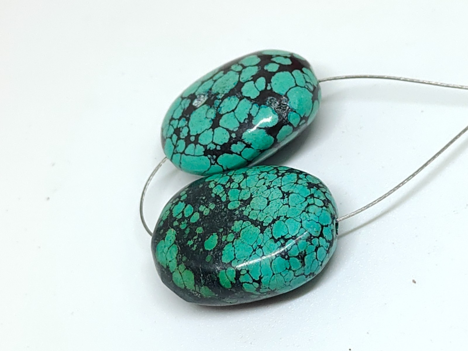 Tibetan Turquoise Oval Beads -Natural Handmade Polished Jewelry Making (2 Beads)