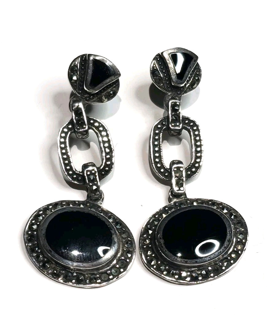 Vintage ACI 925 Sterling Silver Black Onyx Marcasite Art Deco Dangle Earrings