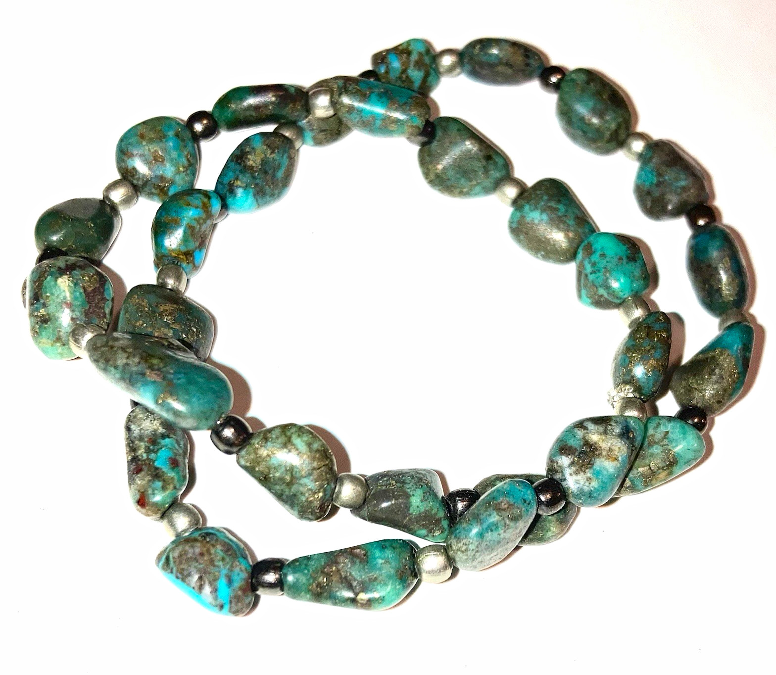 Real Turquoise Beaded bracelet Strand Ball/Bead silver / black /elastic band