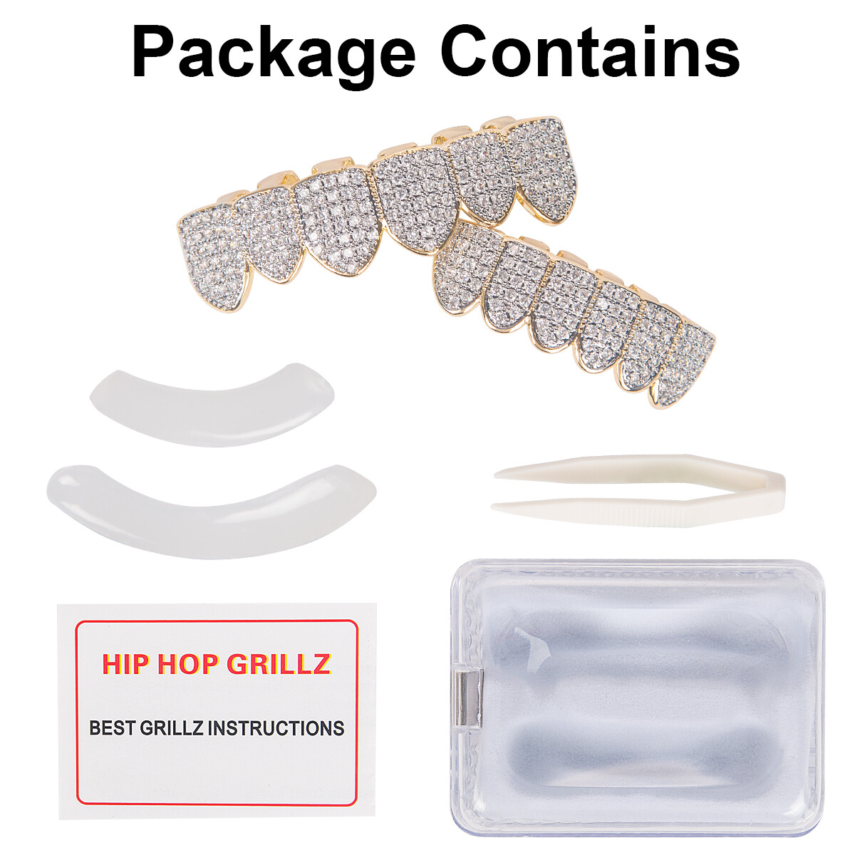 18K Gold Plated Grillz Hip Hop Top Bottom Diamond Teeth Grillz with Molding Bar