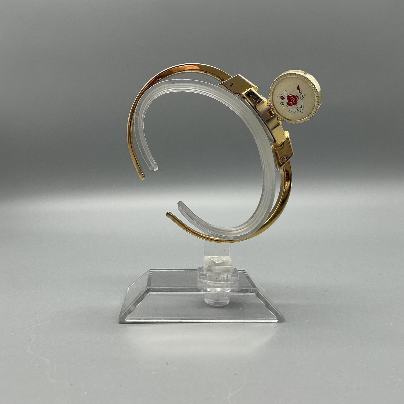 Vintage Swiss Womens Watch 14mm Gold Tone Enamel Floral Bangle New Battery