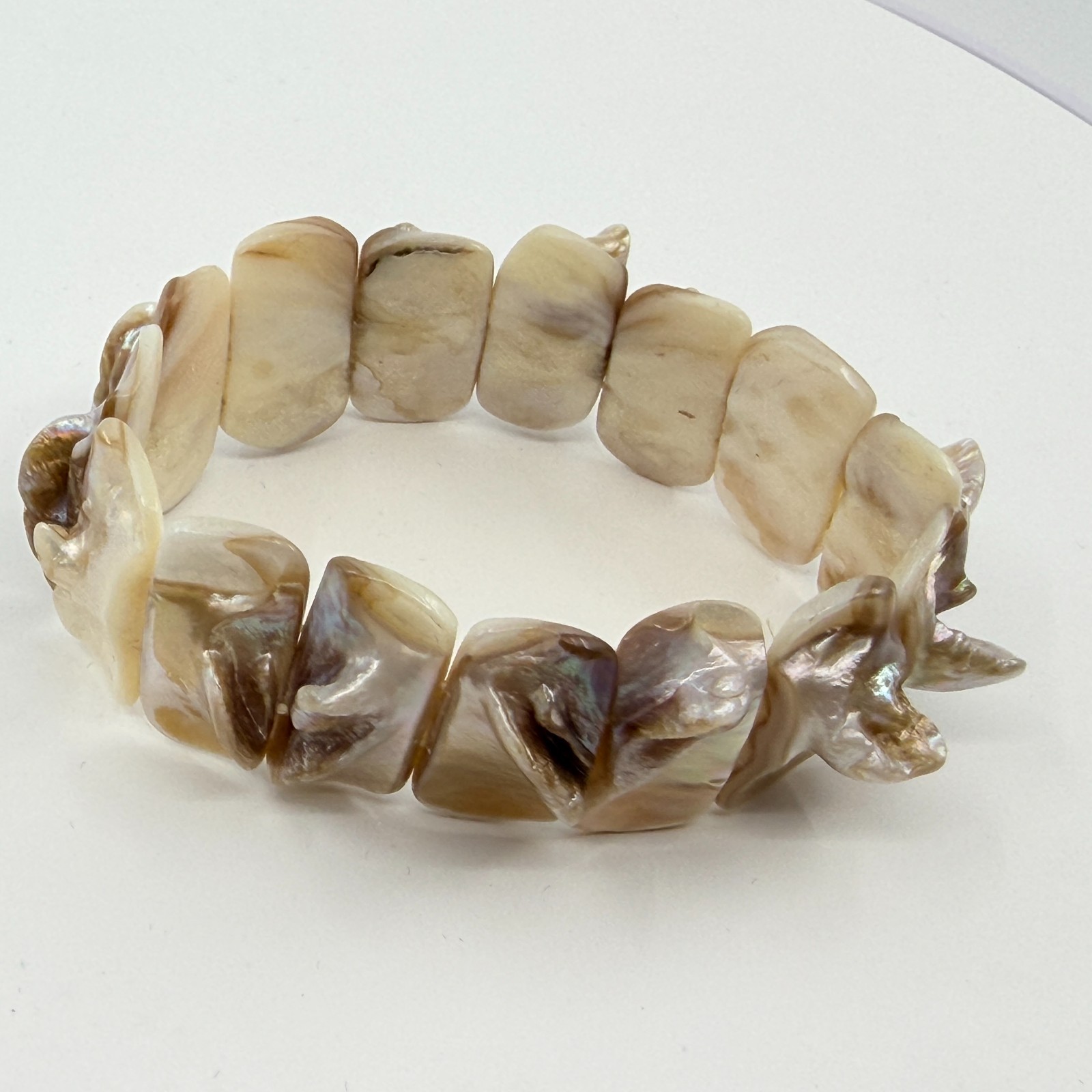 Vintage Mother of Pearl Shell Statement Bracelet Iridescent Coastal Chic Stretch