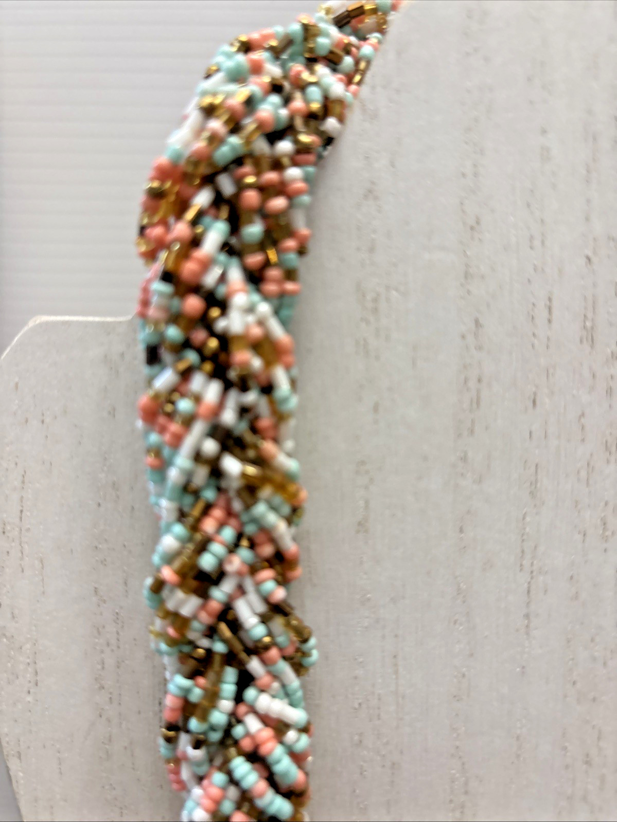 Handcrafted Beaded Necklace Brown Pink Turquoise White Pattern 24 Inch Long