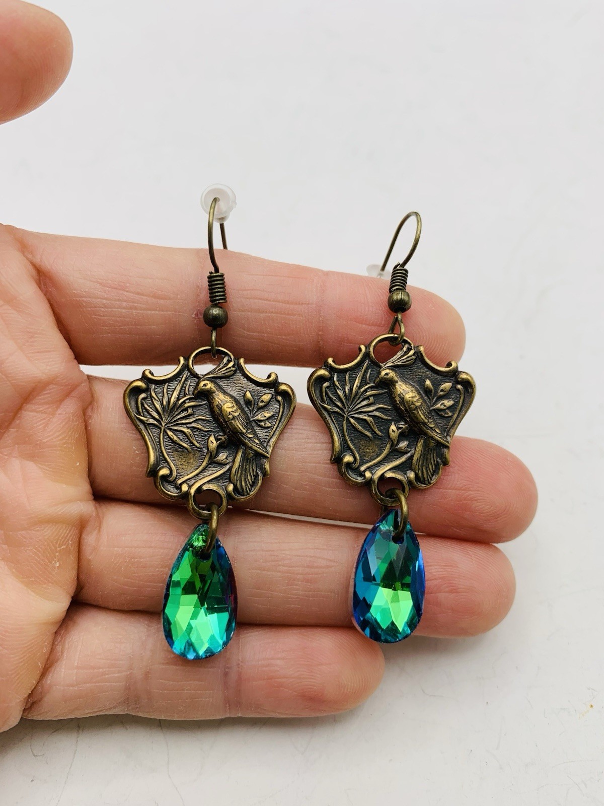 Vintage Style Bronze Art Nouveau Enchanted Bird Rainbow Blue AB Hook Earrings