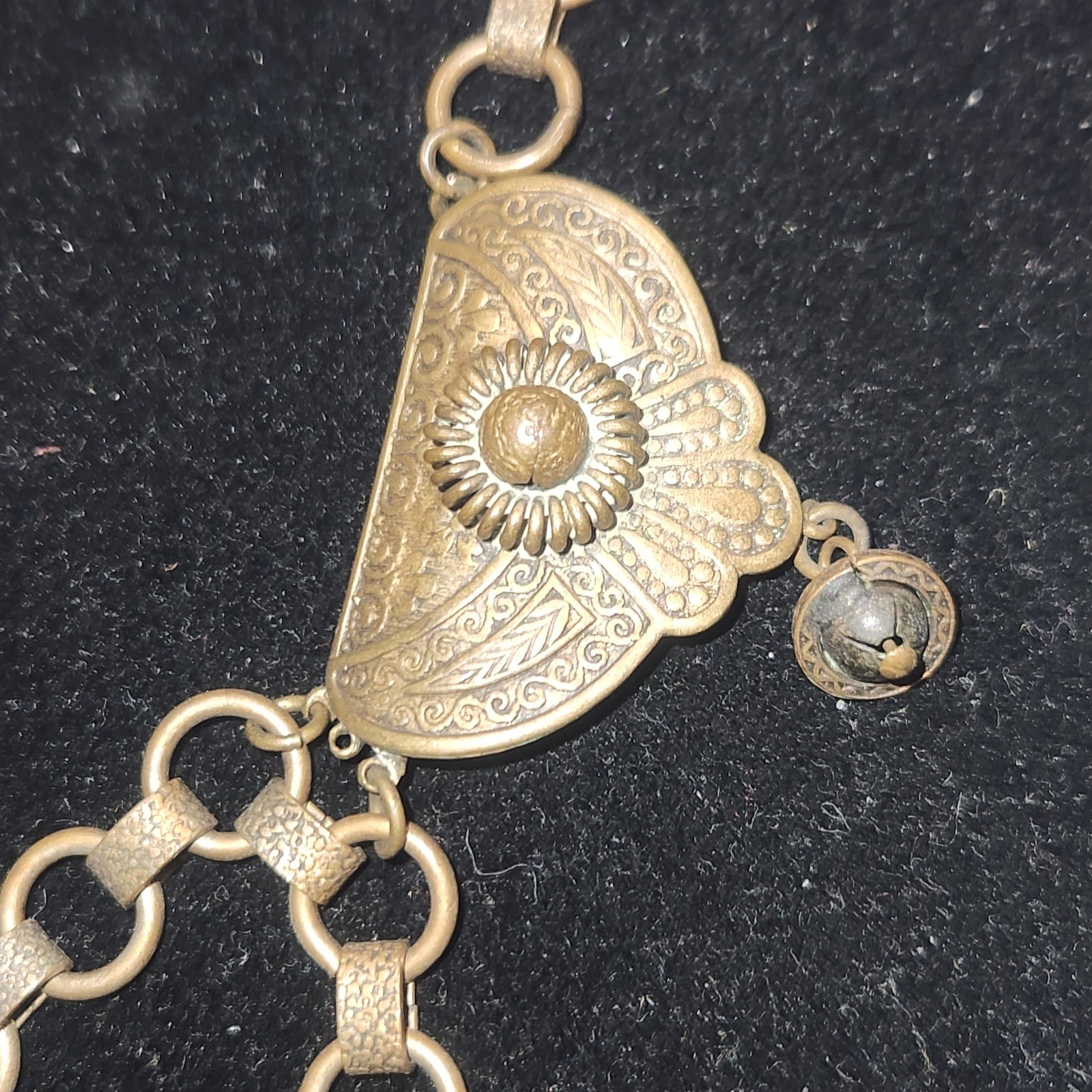 Vintage Brass Bib Necklace Ornate Engraved Middle Eastern Style Statement Bell