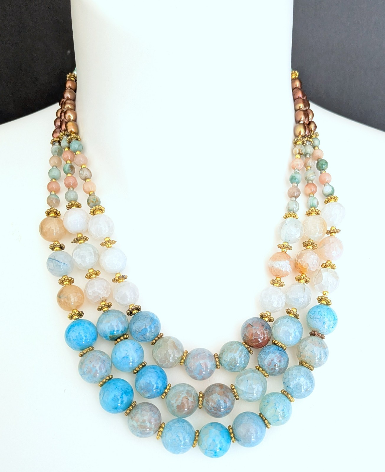 Gorgeous Triple Strand Assorted Blue Agate Brown/Green Pearl Necklace