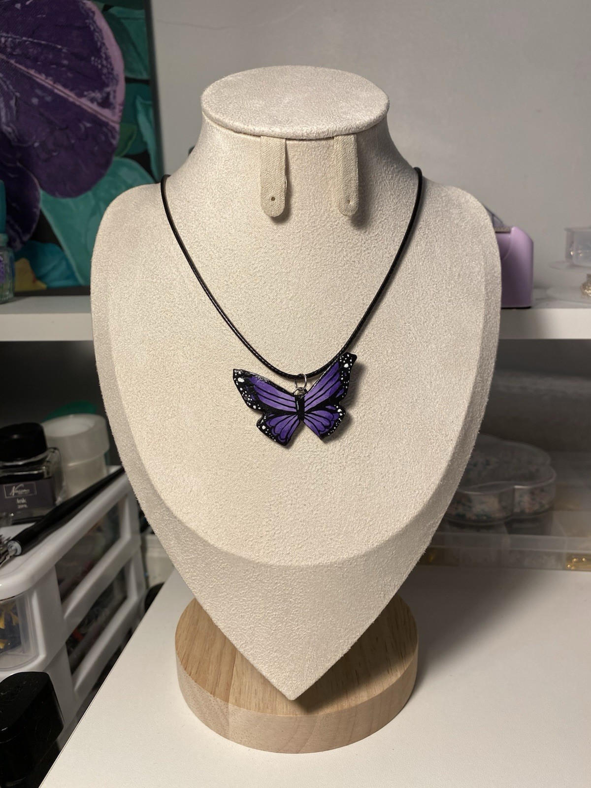 Purple Enamel Butterfly Charm Pendant Necklace on Black Cord Animals & Insects