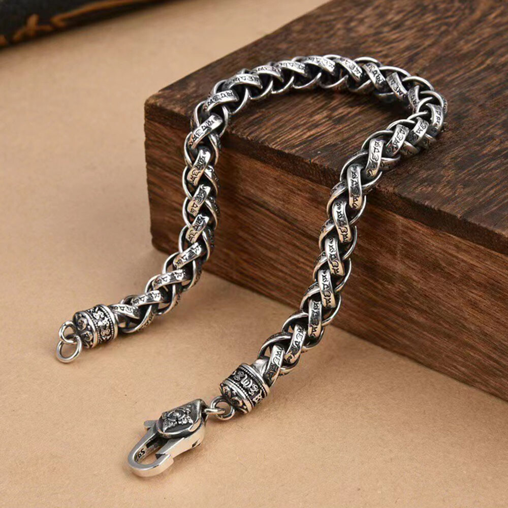Real S925 Sterling Silver Chain 6mm Six Words Wheat Link Bracelet 34-35g 7.9inch