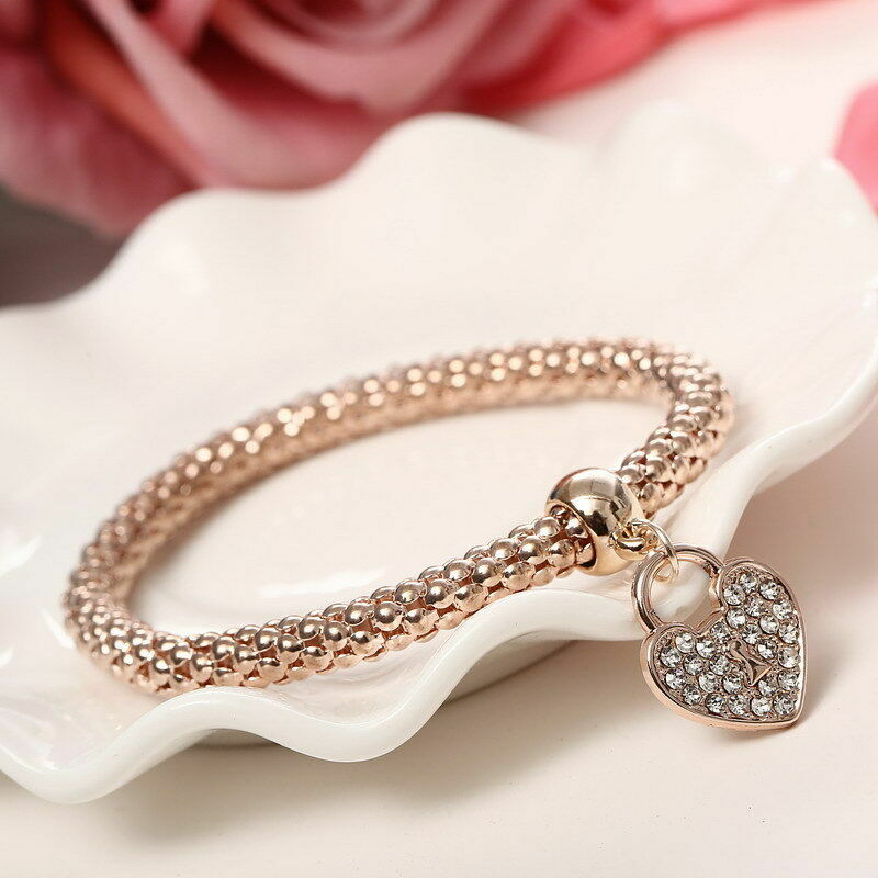 Silver Rose Gold White Topaz Heart Charm New Fashion Bracelet Bangle 3 in 1 Set