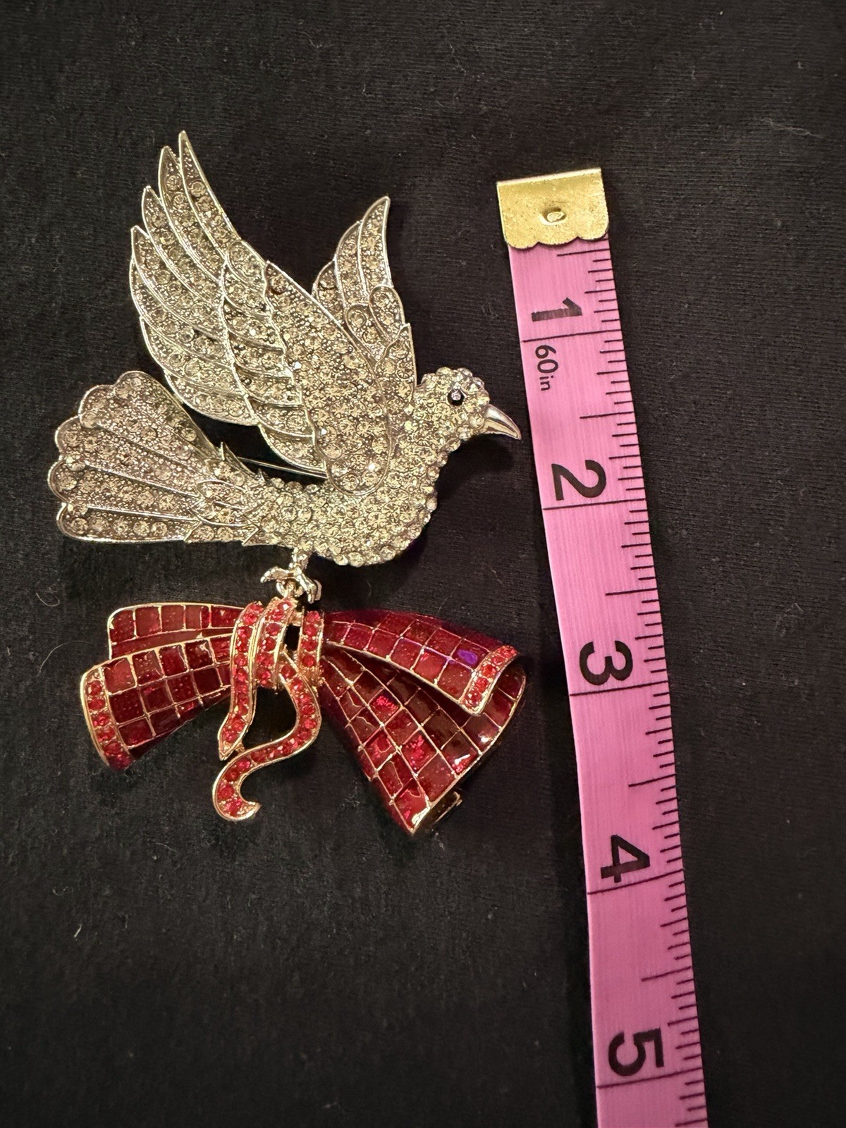 Silver Tone Clear Rhinestone Bird Brooch Pin w Red Enamel Bow 3.25in