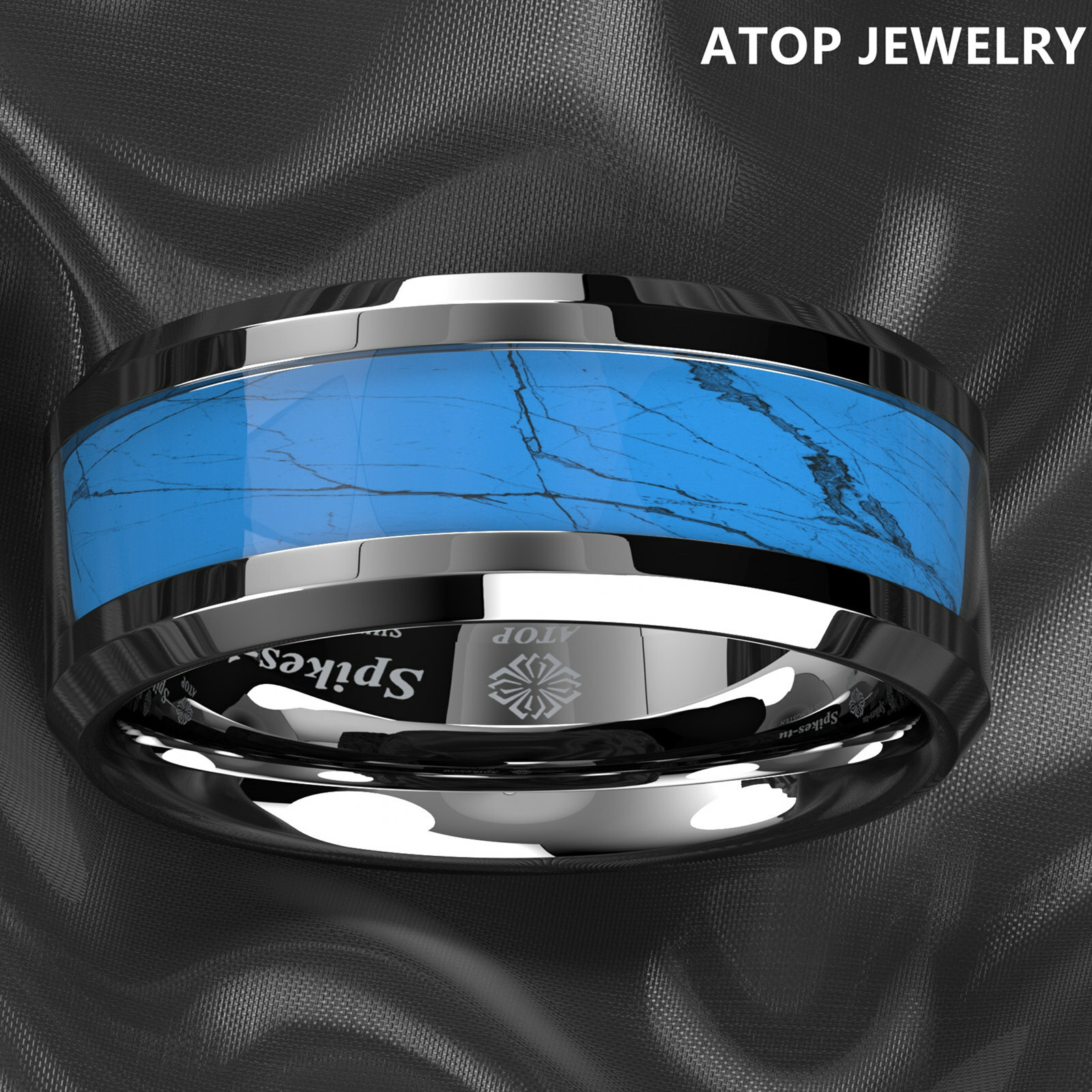 8mm Silver Edge Tungsten Carbide Ring Manmade Turquoise Engagement Wedding Band