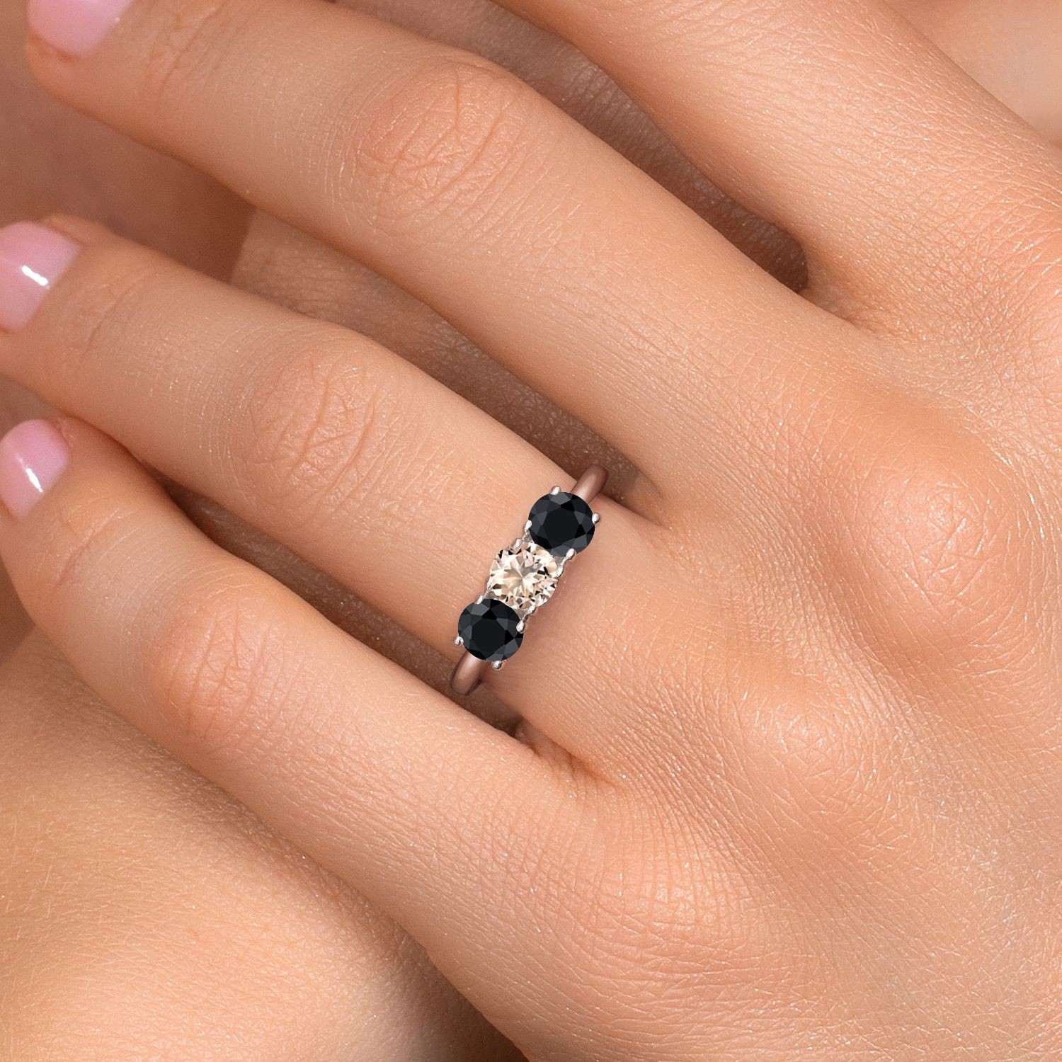 925 Sterling Silver Peach Morganite and Black Sapphire Engagement Ring For