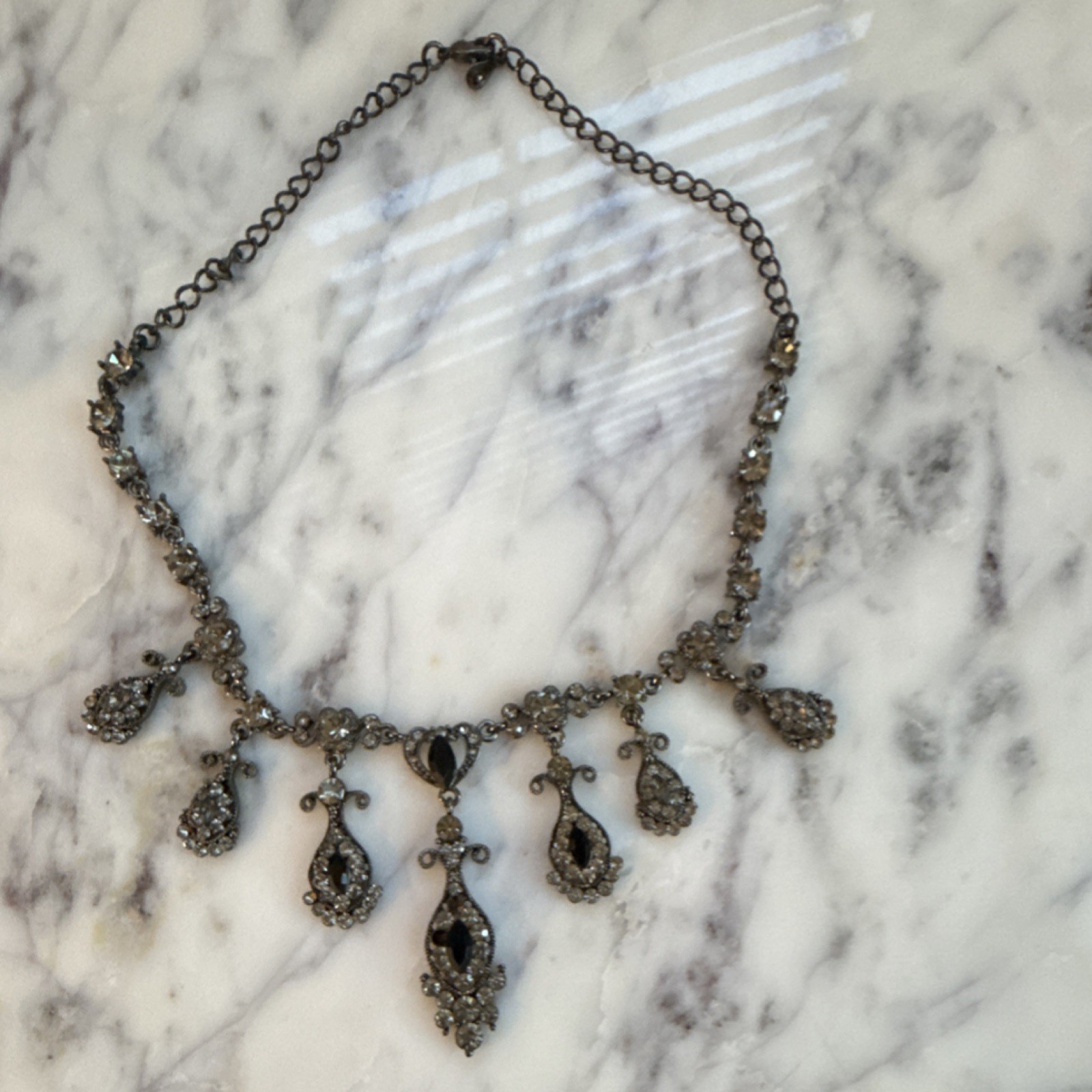 Vintage Gunmetal Clear Black Crystal Statement Bib Necklace Spring Ring Fashion