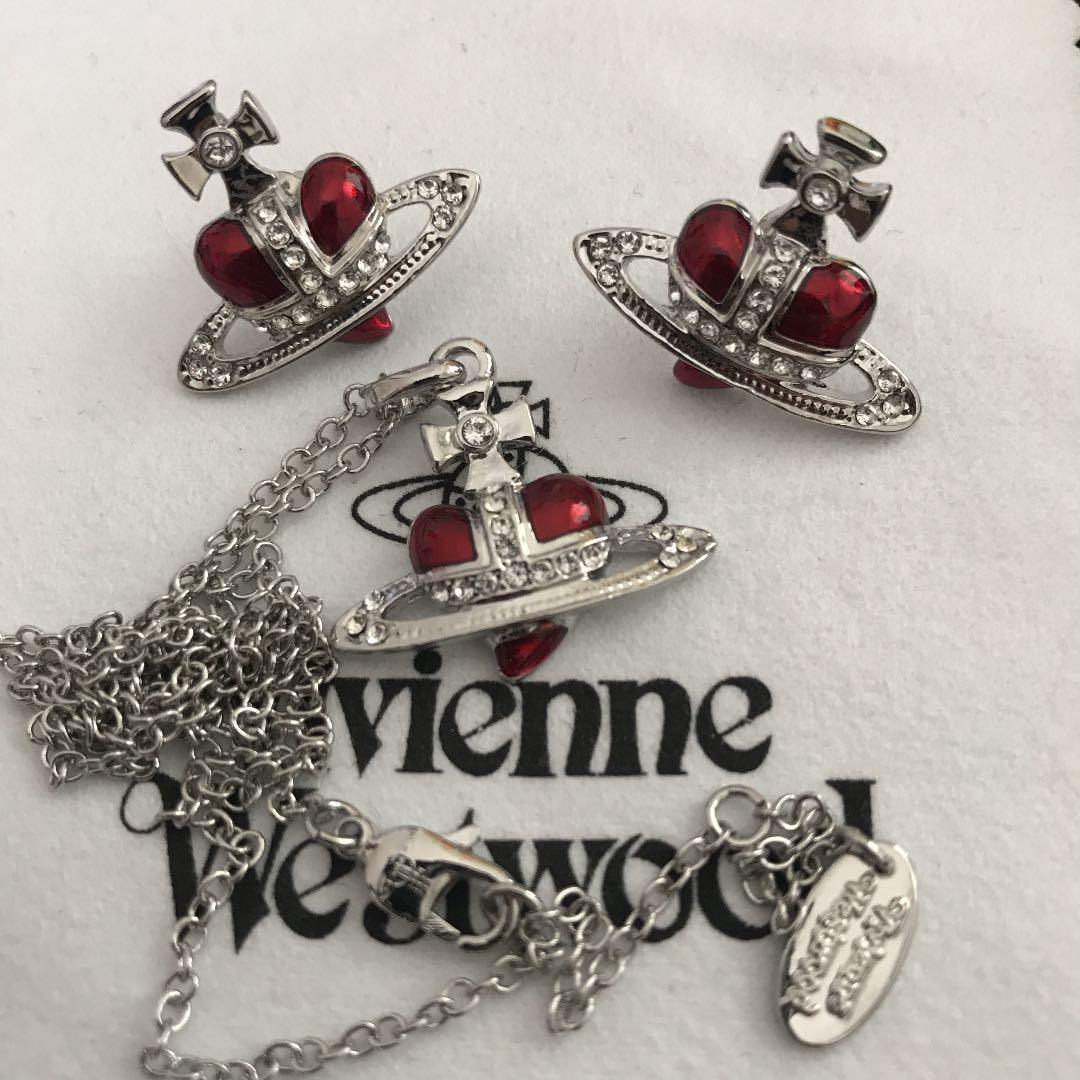 Diamante Heart Necklace Earrings Set Red Silver With Pouch