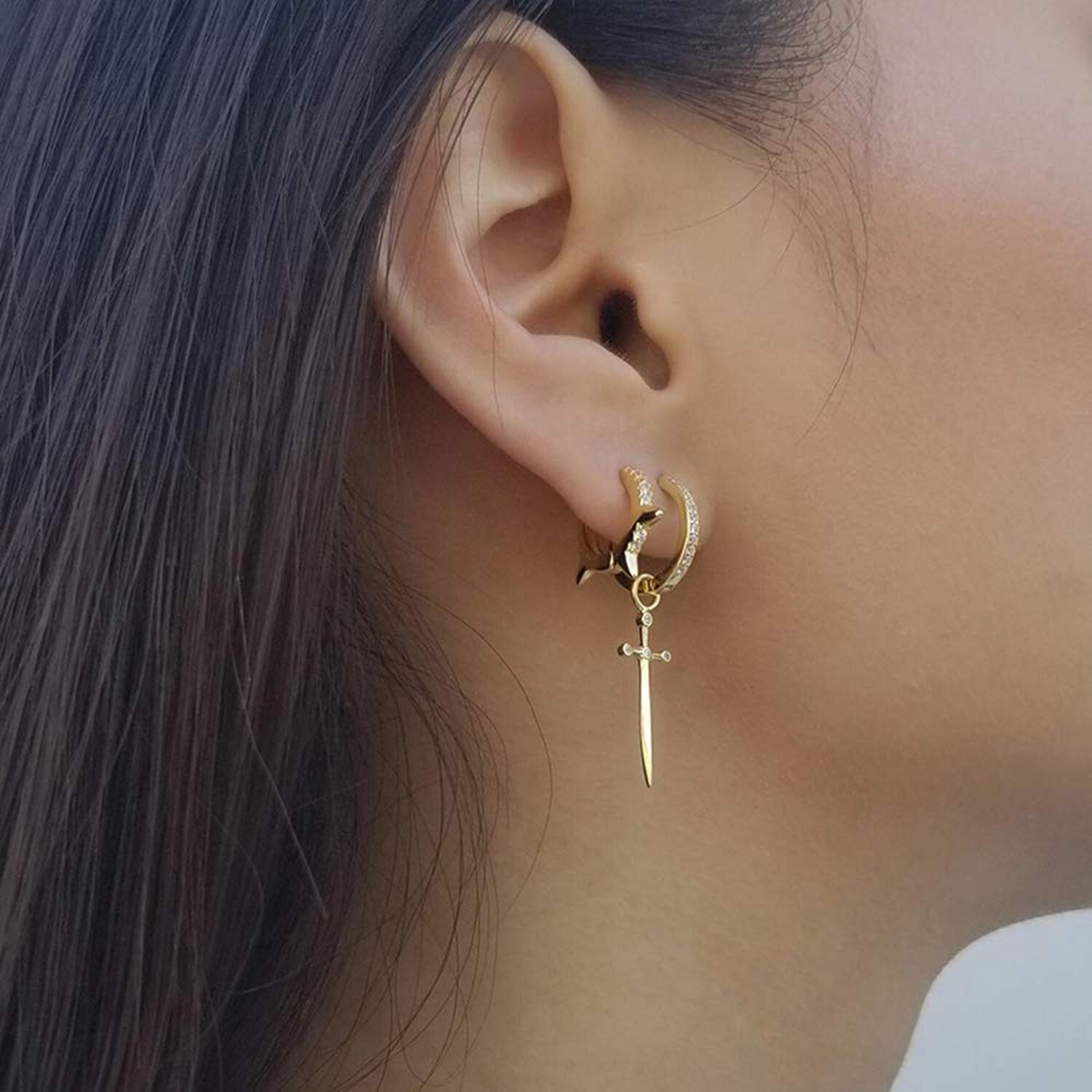 Dagger Hoop Cuff Earrings S925 Sterling Silver Cubic Zirconia Hypoallergenic …