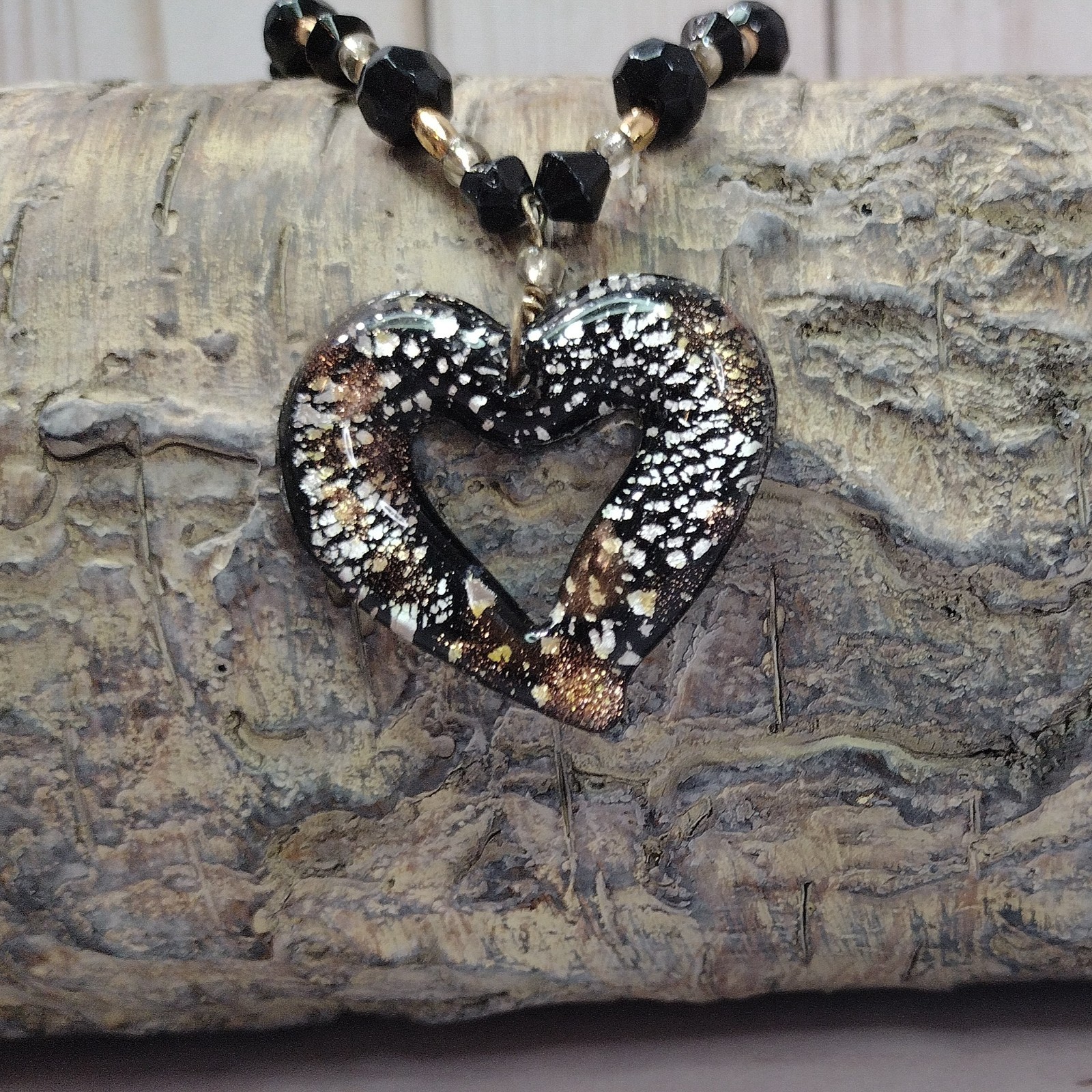 Handmade Black, Silver & Gold Glass Bead Heart Pendant Necklace 17″