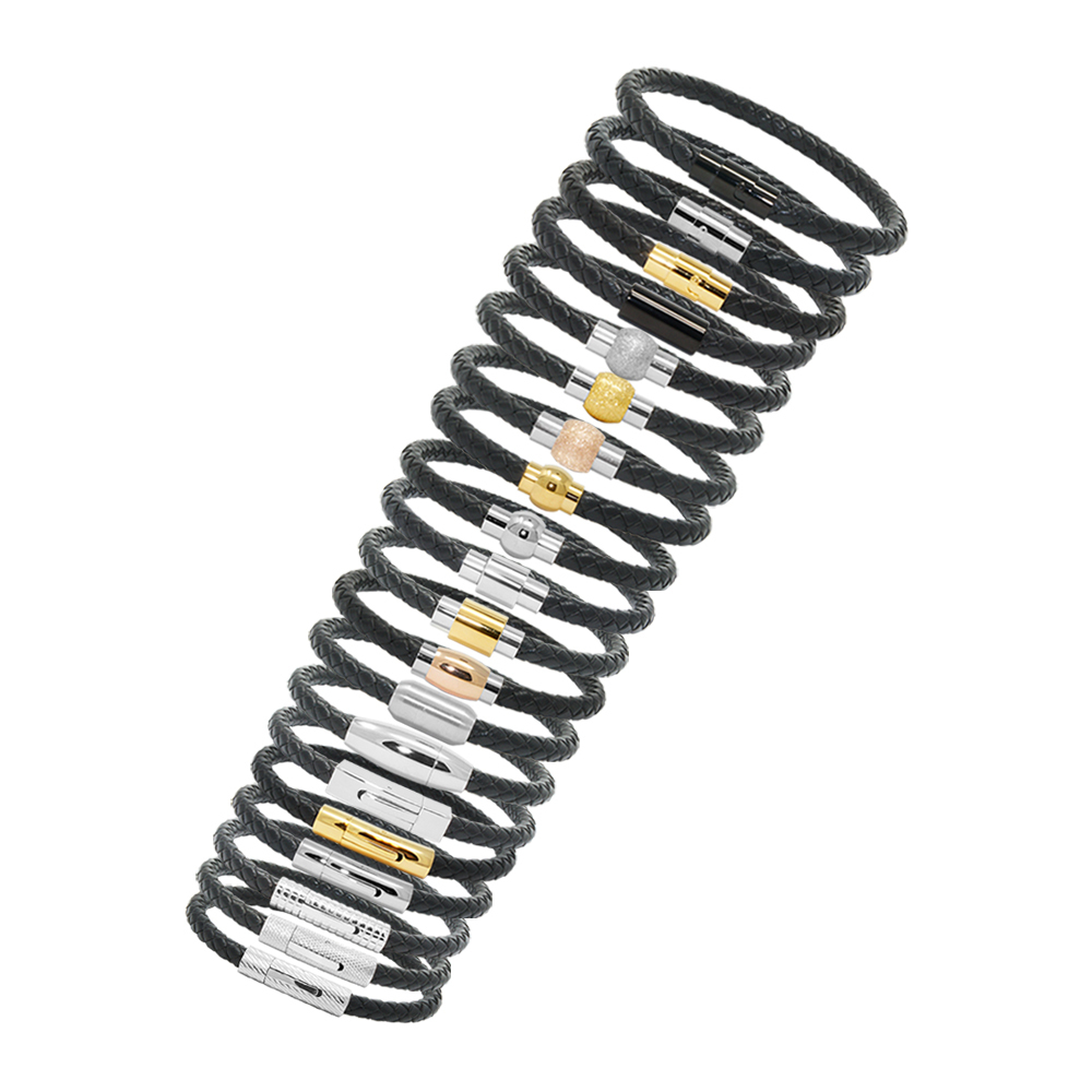Unisex Genuine Leather Stainless Steel Magnetic Clasp Bracelet Black 8″ Inches