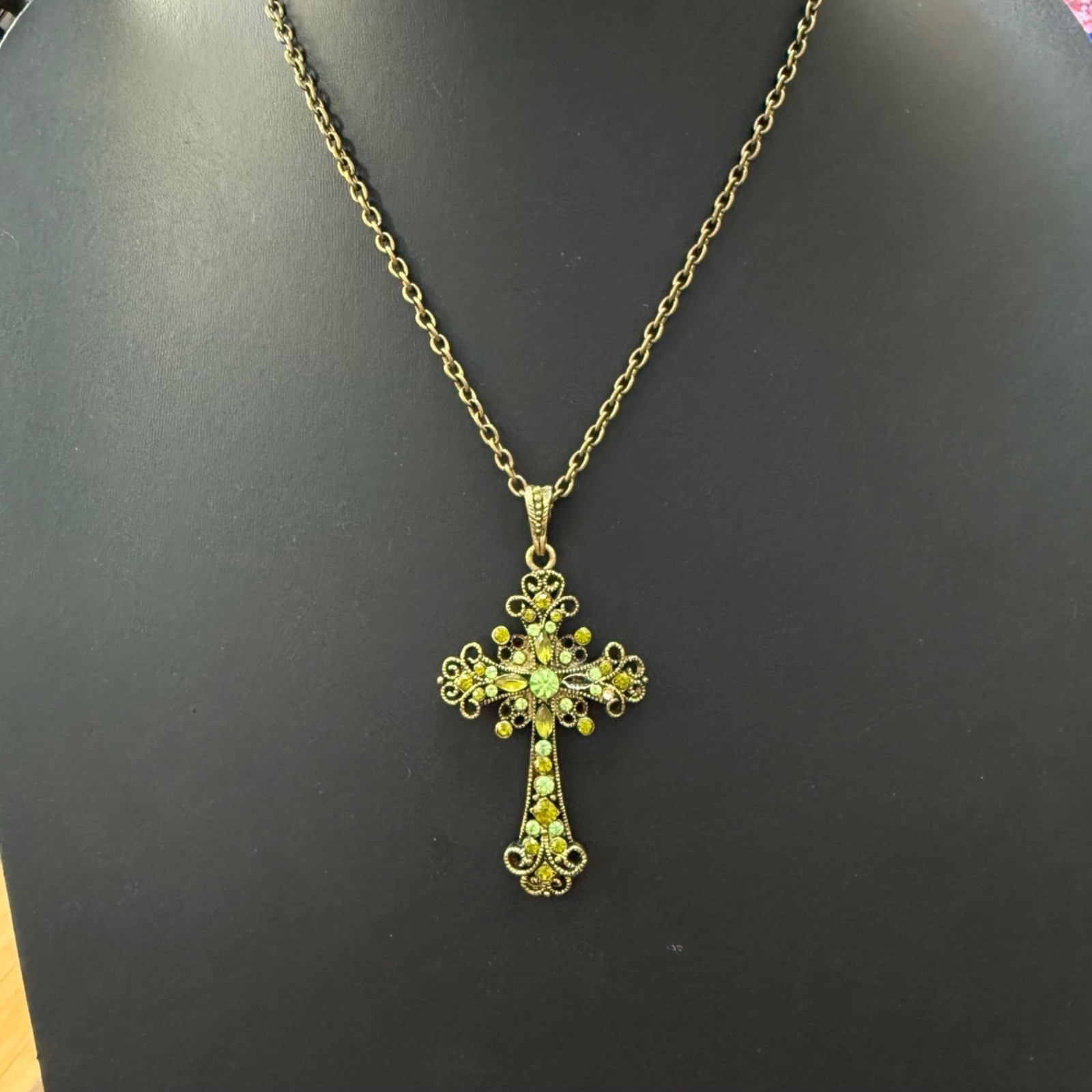 Vintage Necklace Cross Green Rhinestones Filigree Gold Tone 18-21 inches