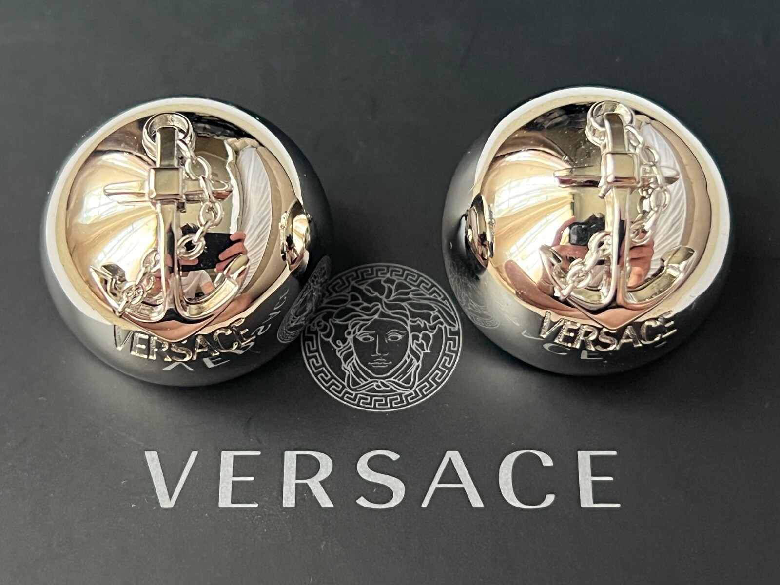NIB Versace Nautical Anchor Logo Large Silver Sphere Round Ball Earrings $975