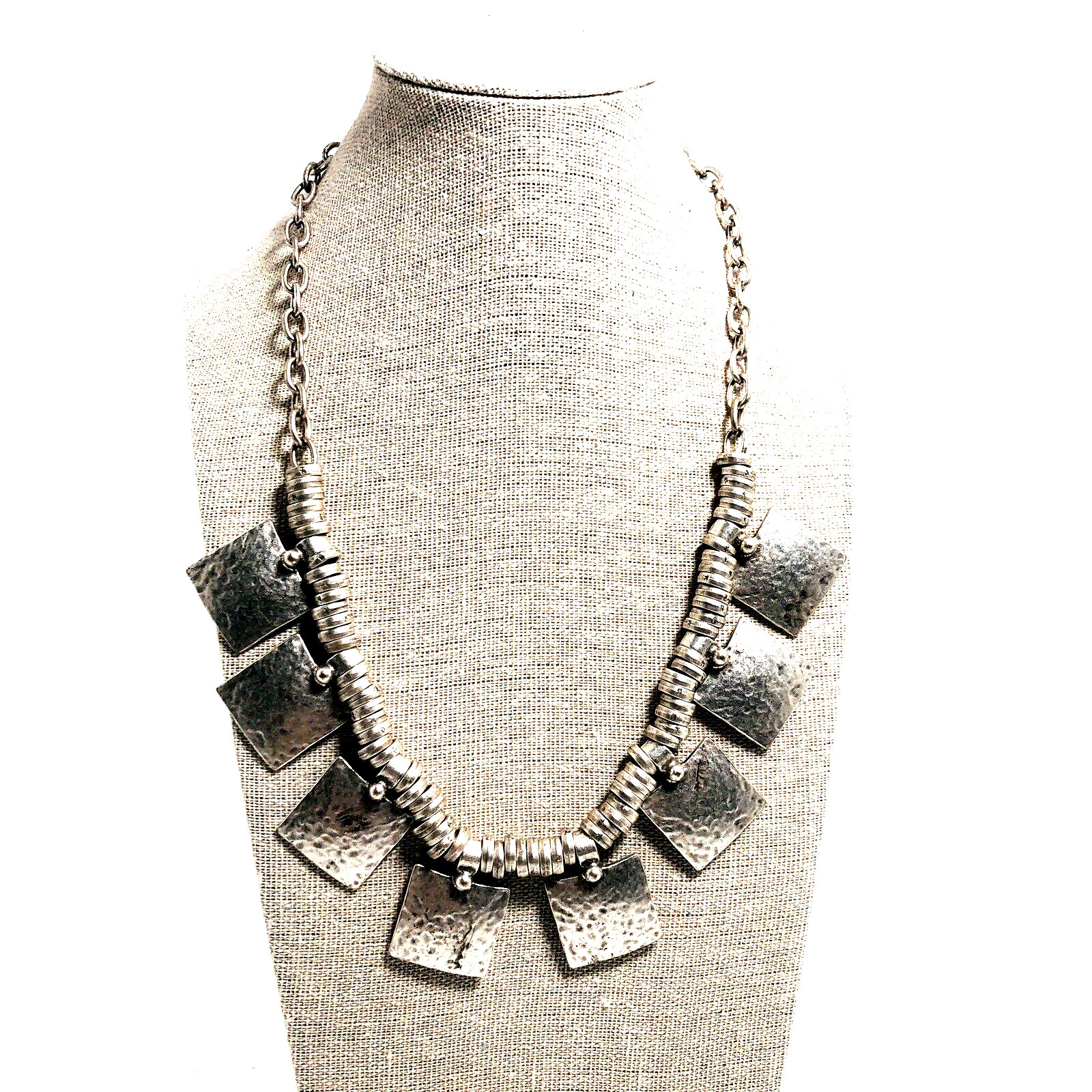Necklace Silver Hammered Metal Abstract Lead Free Nickel Free Lalou Brand 19.5″