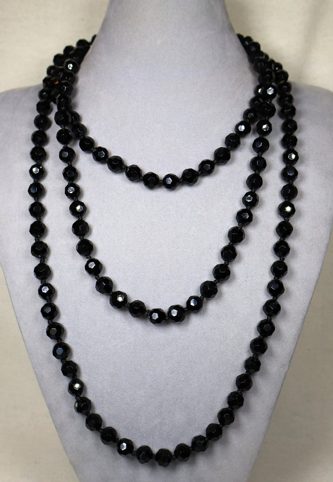 Vintage Art Deco French Jet Necklace 74″ Inch Length Faceted Black Beads