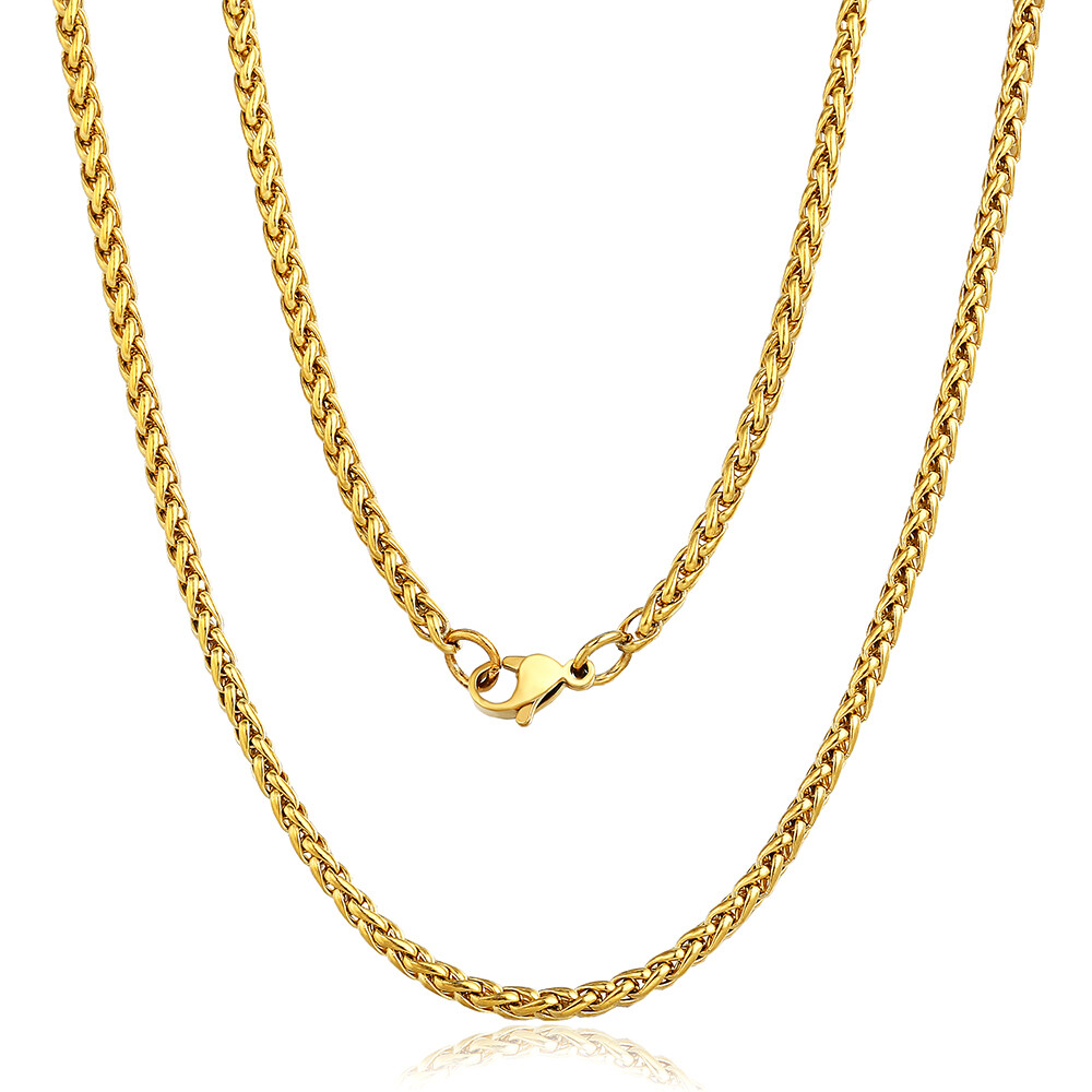 Men Women Braided Wheat Spiga Necklace Gold Plated Stainless Steel Chain 3-9.5mm