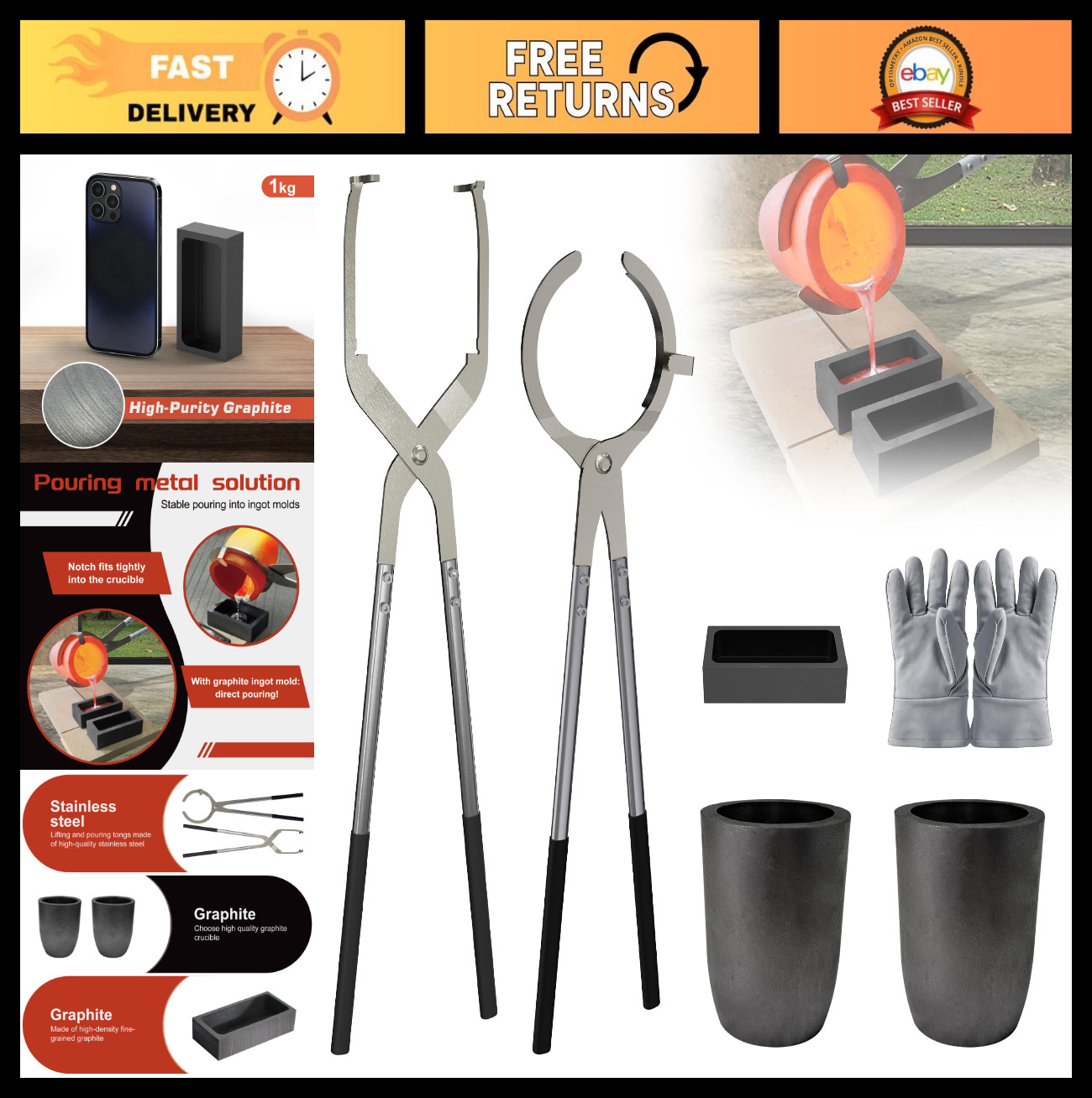 10-12kg Crucible Tongs Set with 2 Graphite Crucibles, Ingot Mold & Gloves for Me