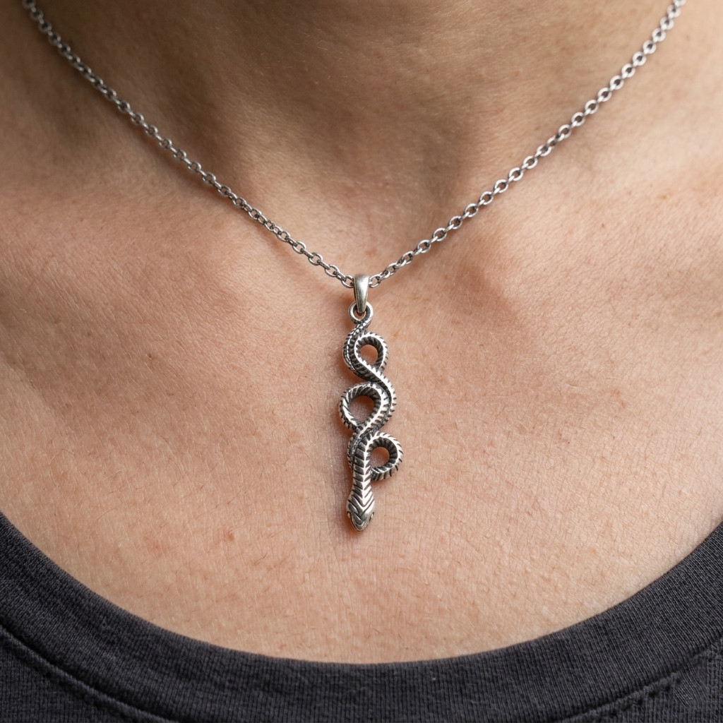 925 Sterling Silver Snake Charm, Coiled Serpent Pendant Necklace, Gothic Jewelry