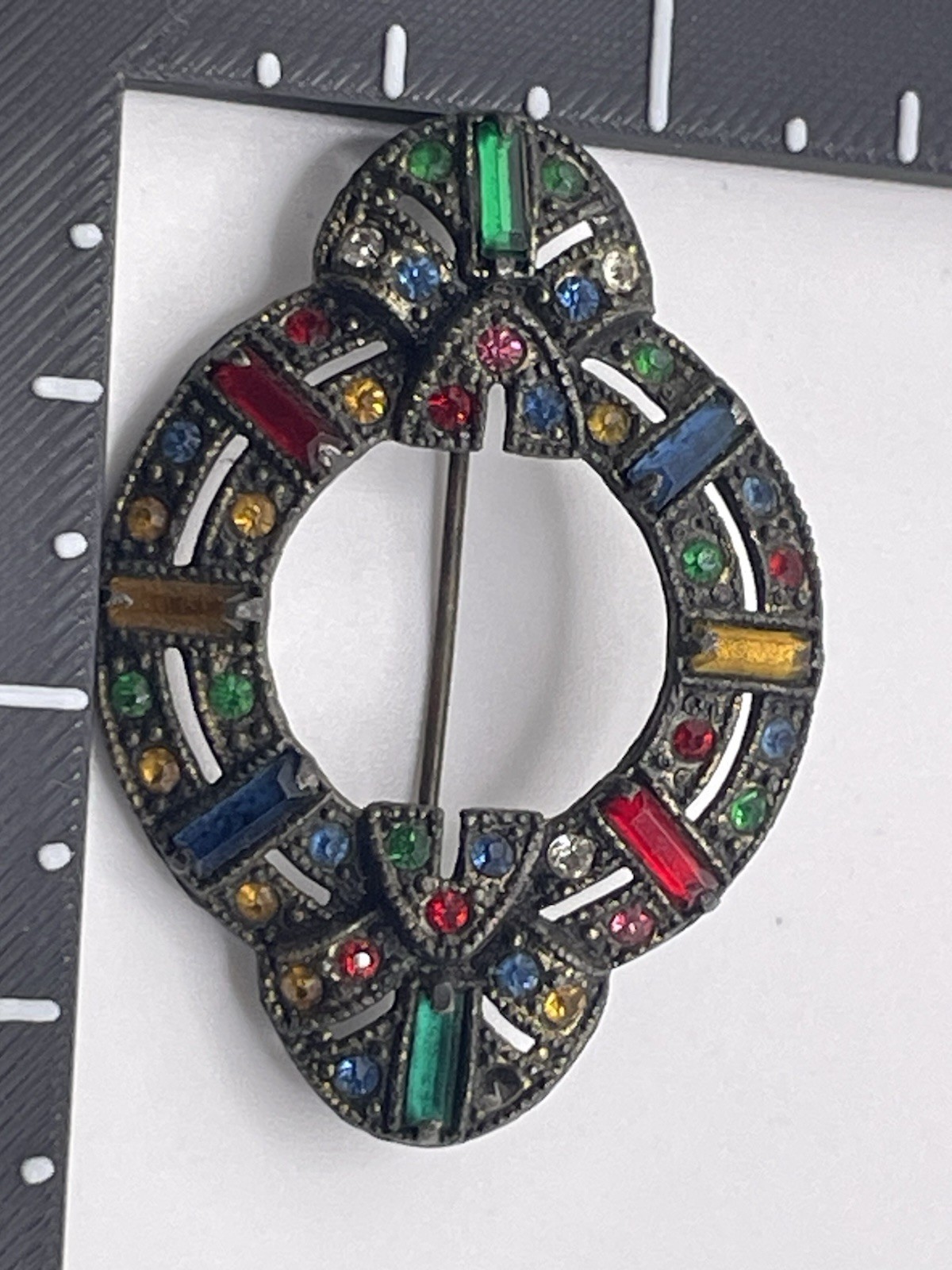 Vintage Art Deco Czech Brooch Pot Metal Rhinestone Multicolor READ